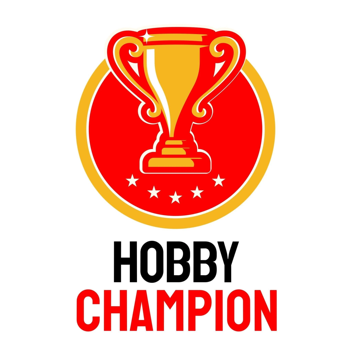 Trofeo dorado sobre círculo rojo con estrellas. Texto: HOBBY CHAMPION.