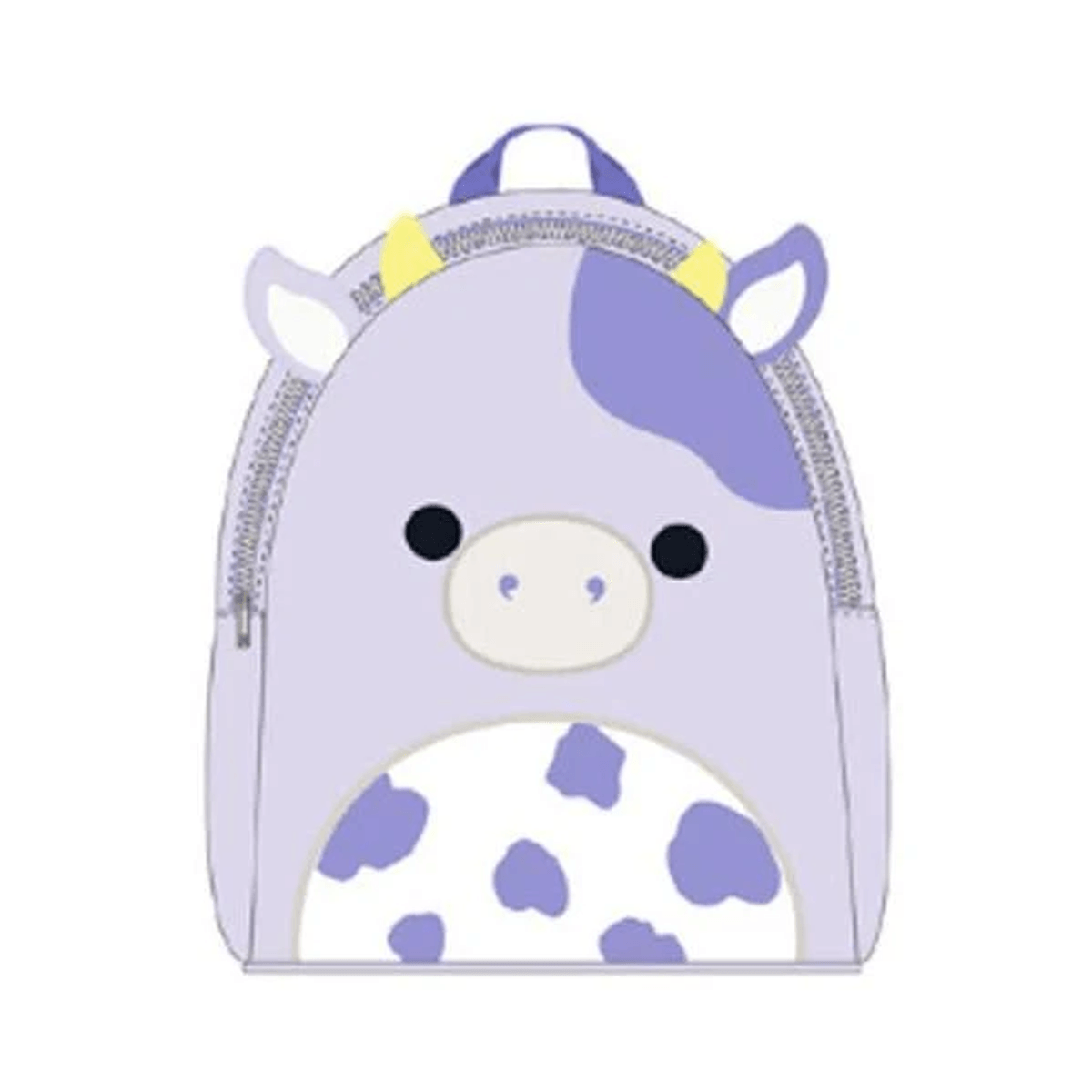 Una mochila de vaca lavanda con manchas moradas y cuernos amarillos.