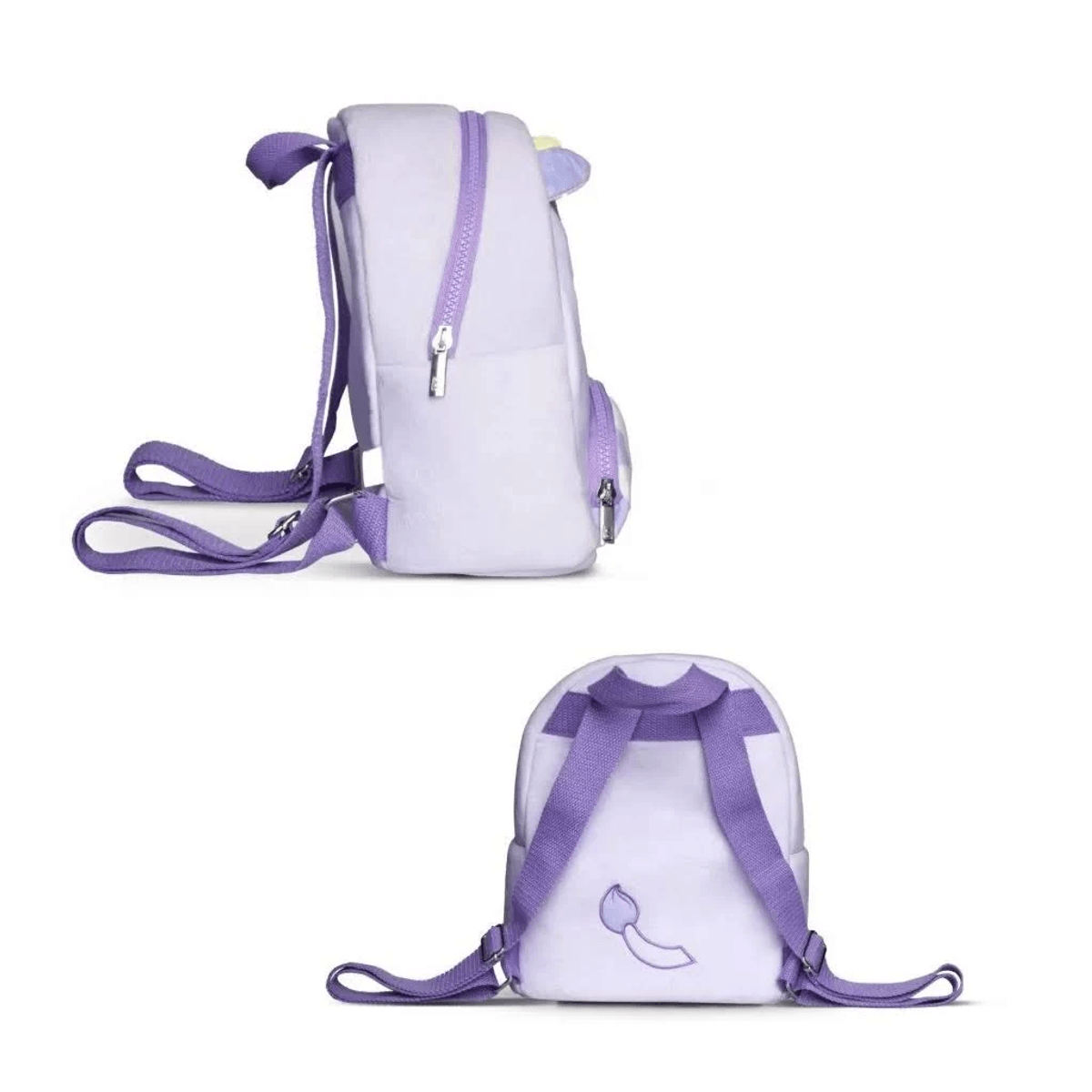 Una mochila lavanda con correas y cremalleras moradas. Diseño de pincel.