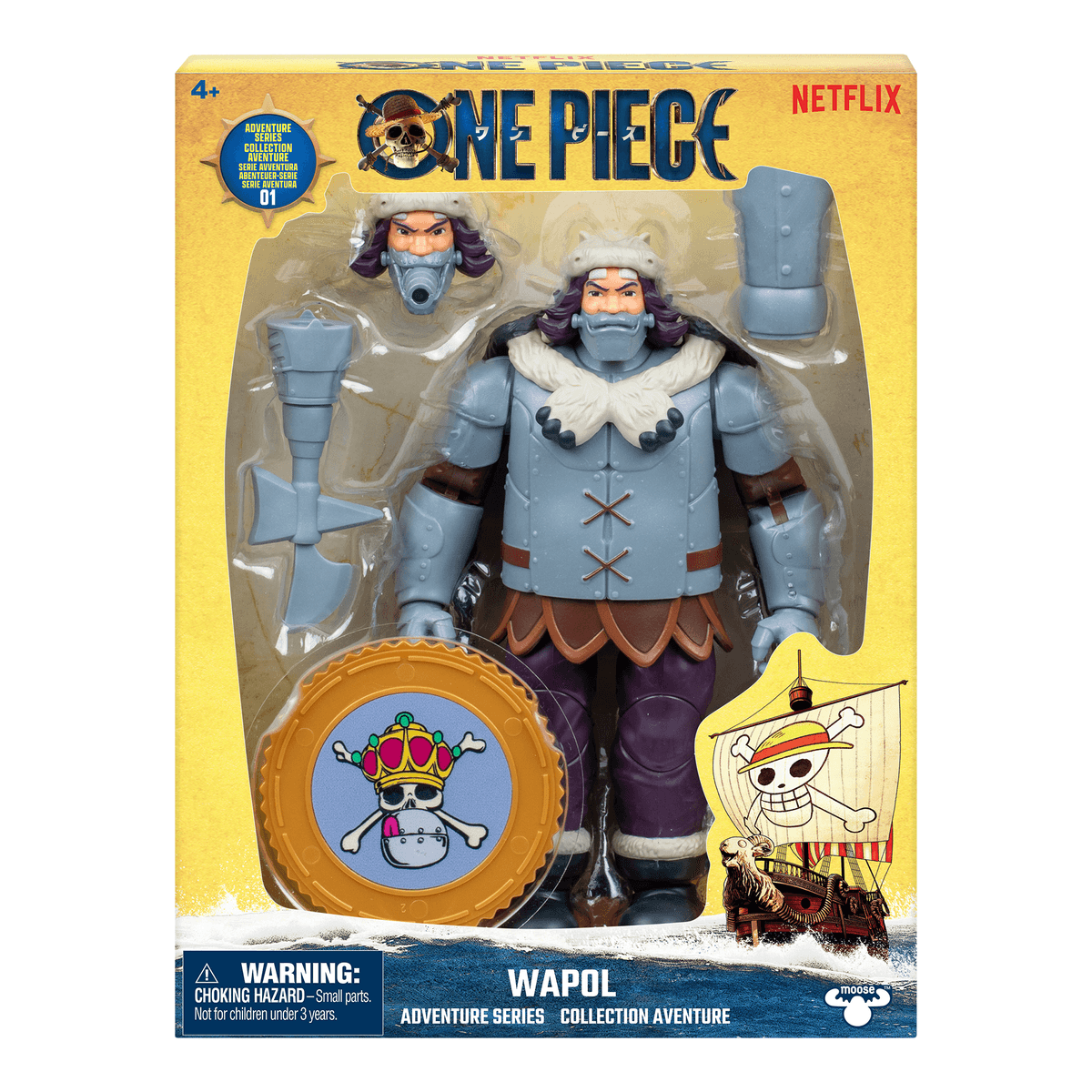 Actionfigur Wapols im One Piece Netflix-Design mit Zubehör in der Verpackung.