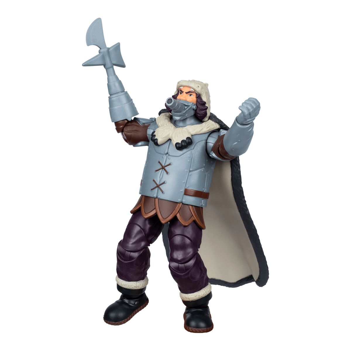 Eine Actionfigur eines Mannes mit Axt, Rüstung, Pelz und einem Umhang.
