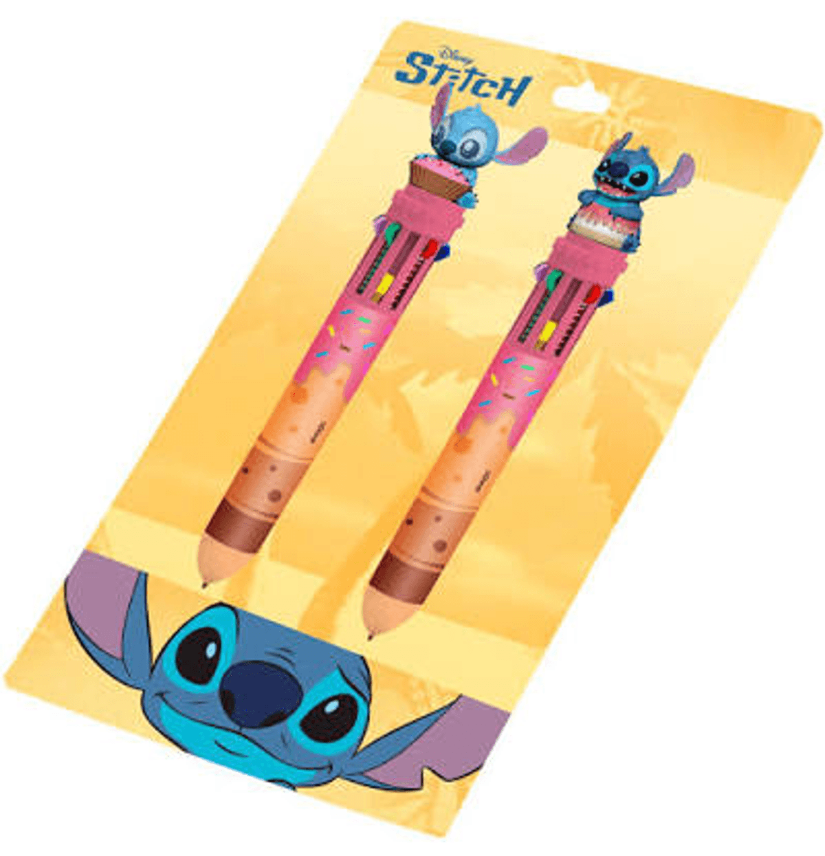 Dos bolígrafos de Stitch con decoración de cupcake sobre fondo amarillo con palmeras.