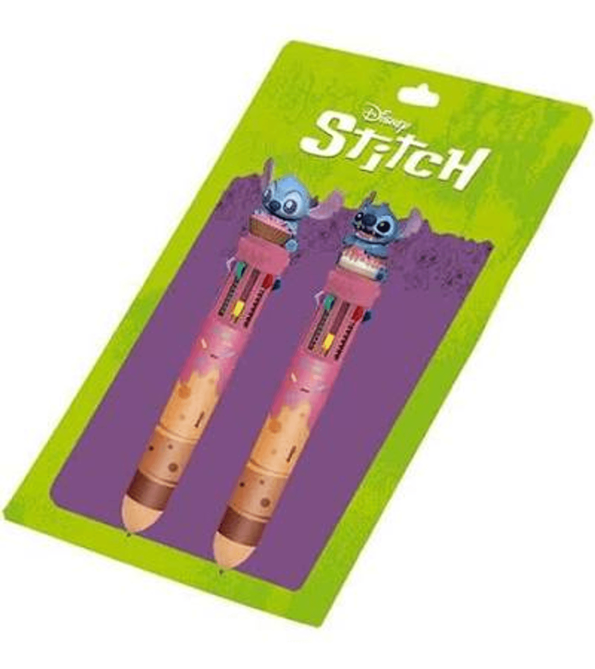 Dos juegos de bolígrafos con personajes de Stitch en el empaque, sobre fondo verde.