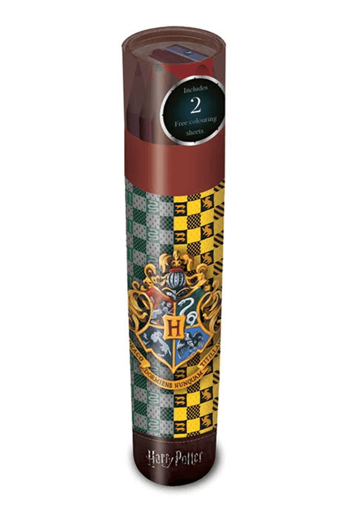 Embalaje redondo de Harry Potter con escudo y estampado a cuadros. Incluye 2 hojas para colorear.