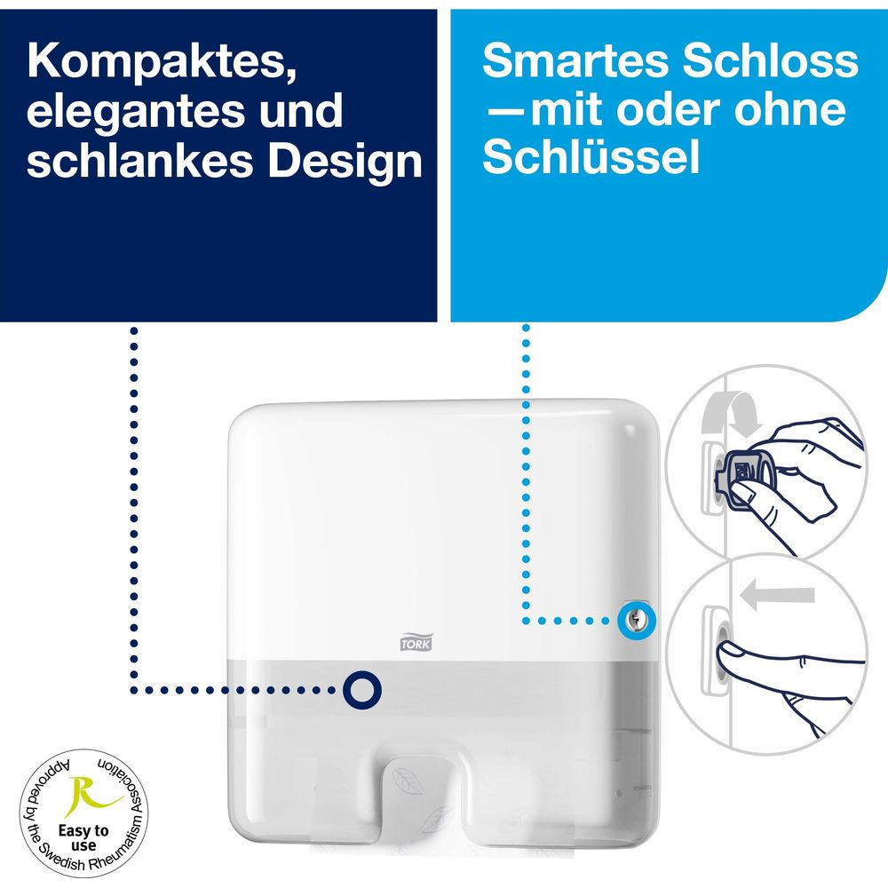 Ein weißer Tork Spender mit Montageanleitung und Siegel.