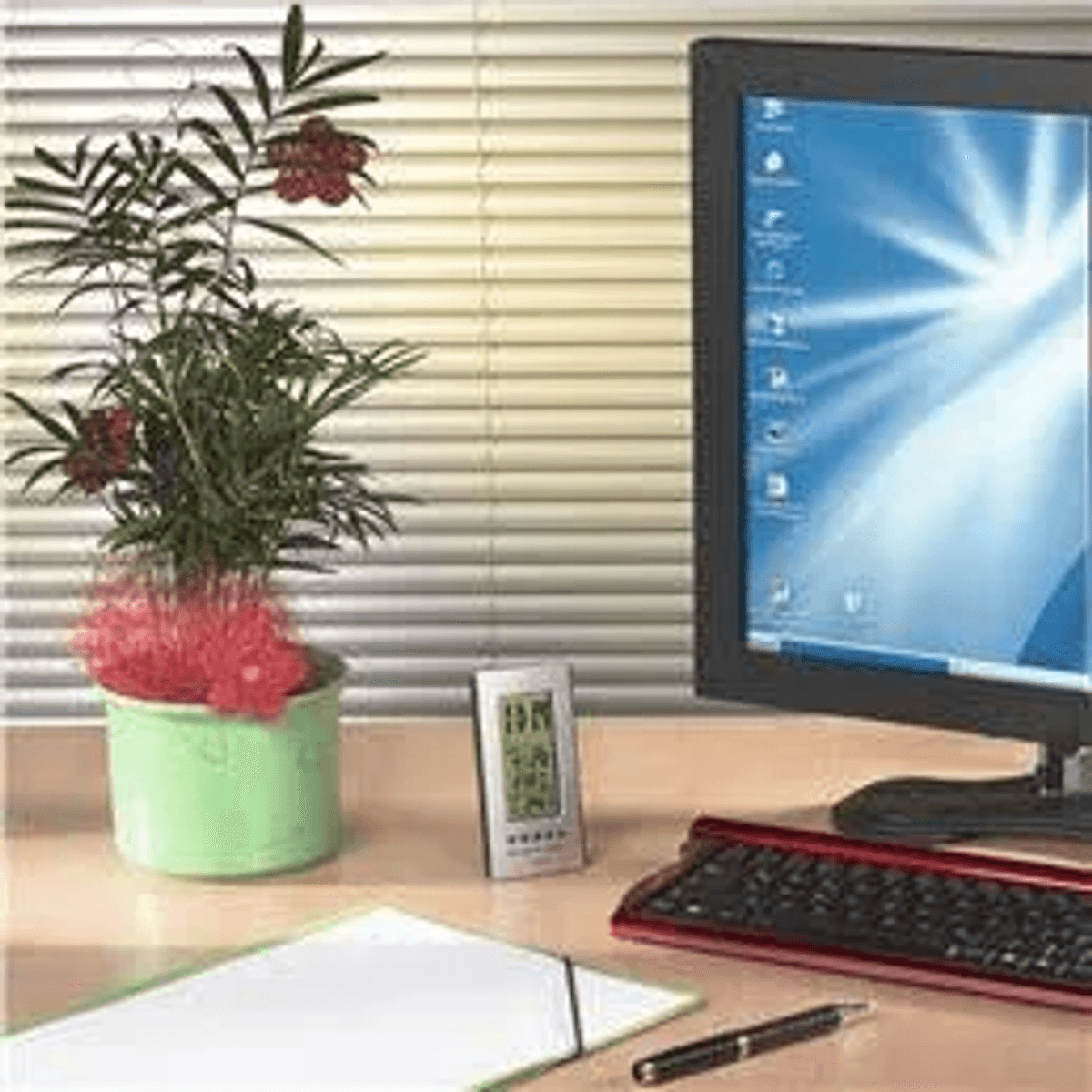 Ein Schreibtisch mit einem Computer, Tastatur, Pflanze, Thermometer und Stift.