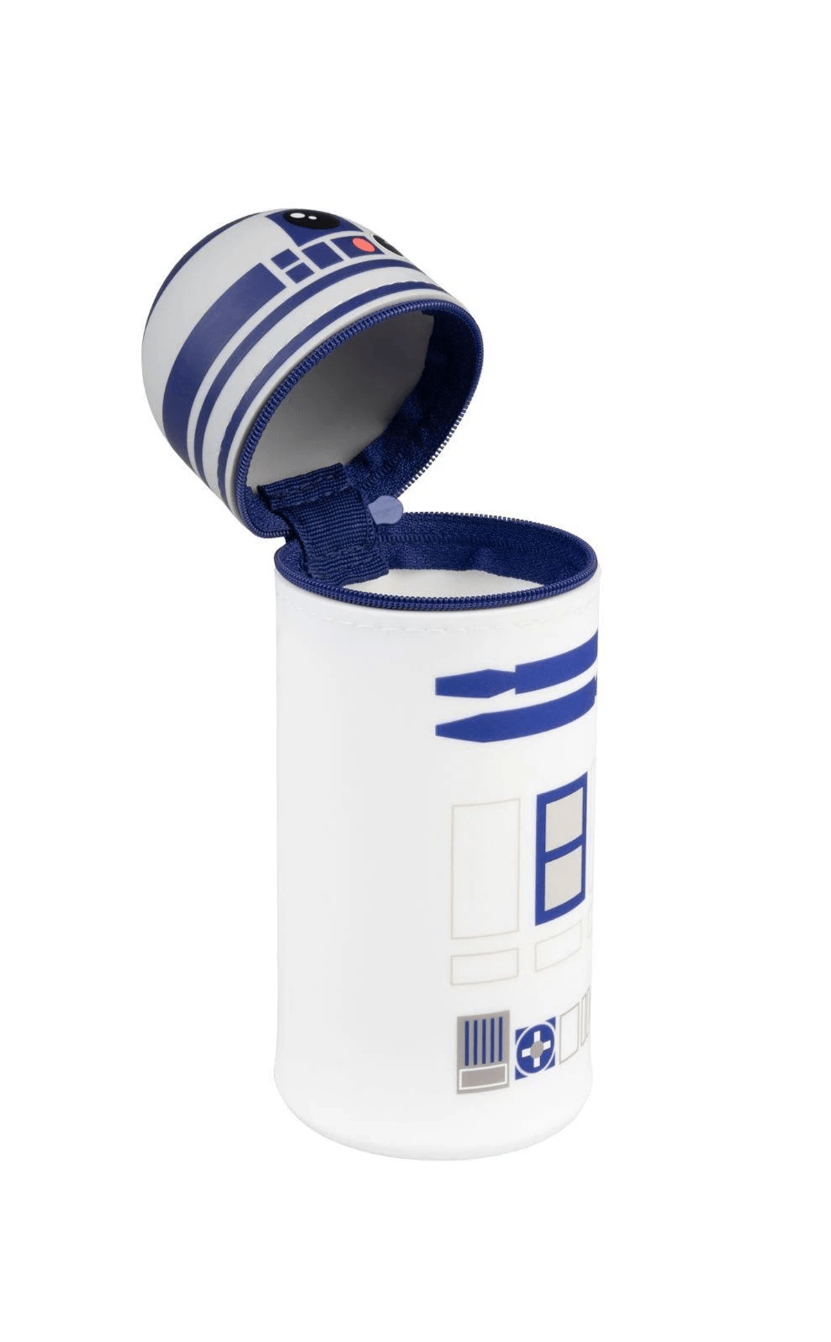 Un contenedor cilíndrico blanco con diseño azul de R2-D2, mostrado abierto.