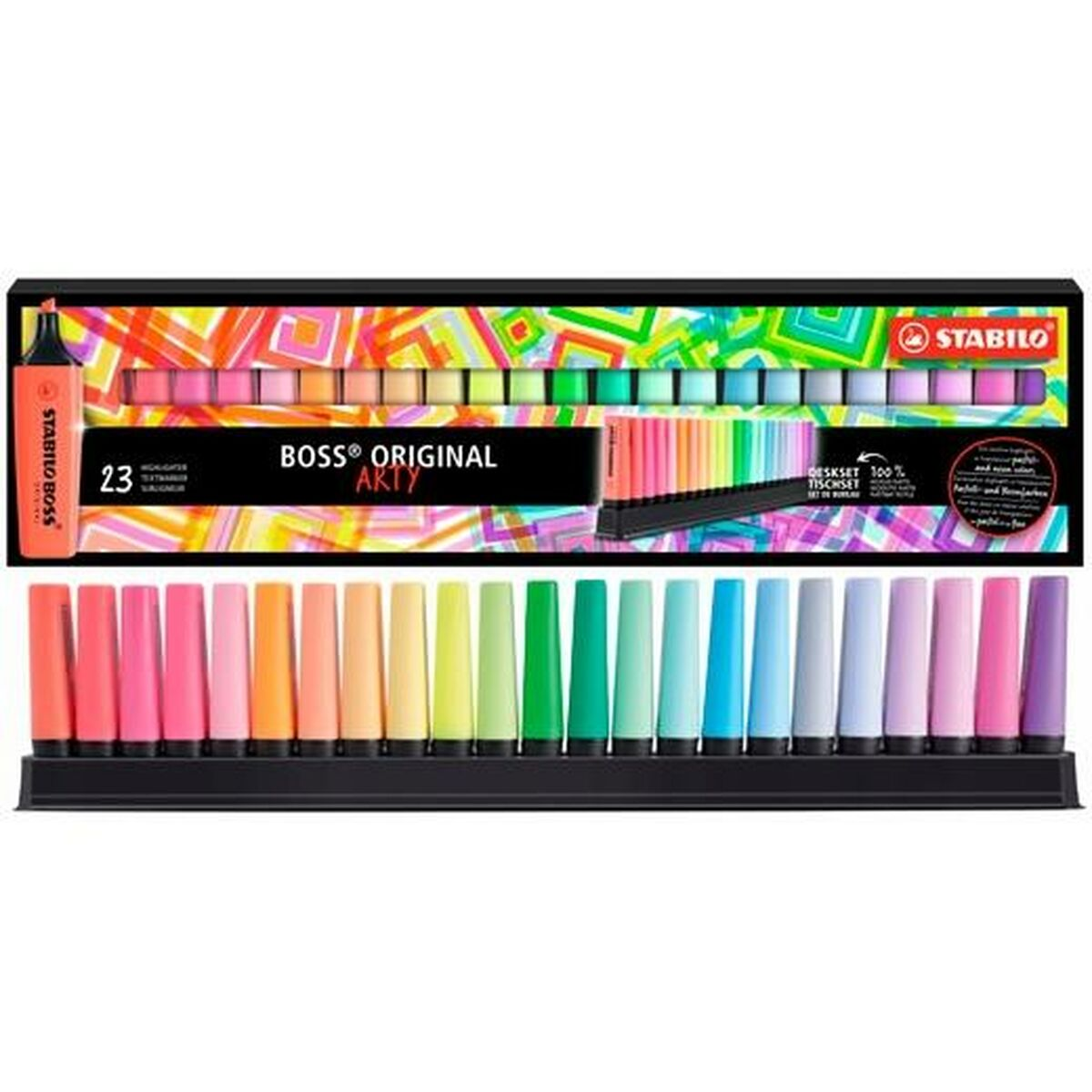 Ein Stabilo Boss Original Arty Textmarker-Set mit 23 Farben, verpackt und in einer Ablage.
