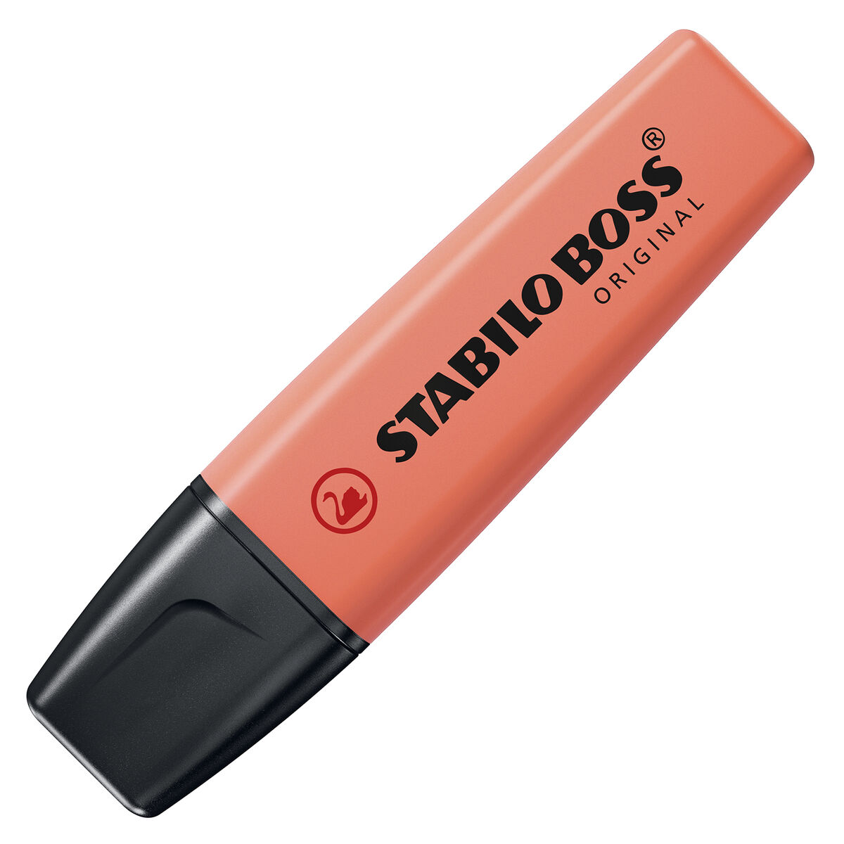 Ein Pfirsichfarbener Stabilo Boss Textmarker mit schwarzer Kappe.
