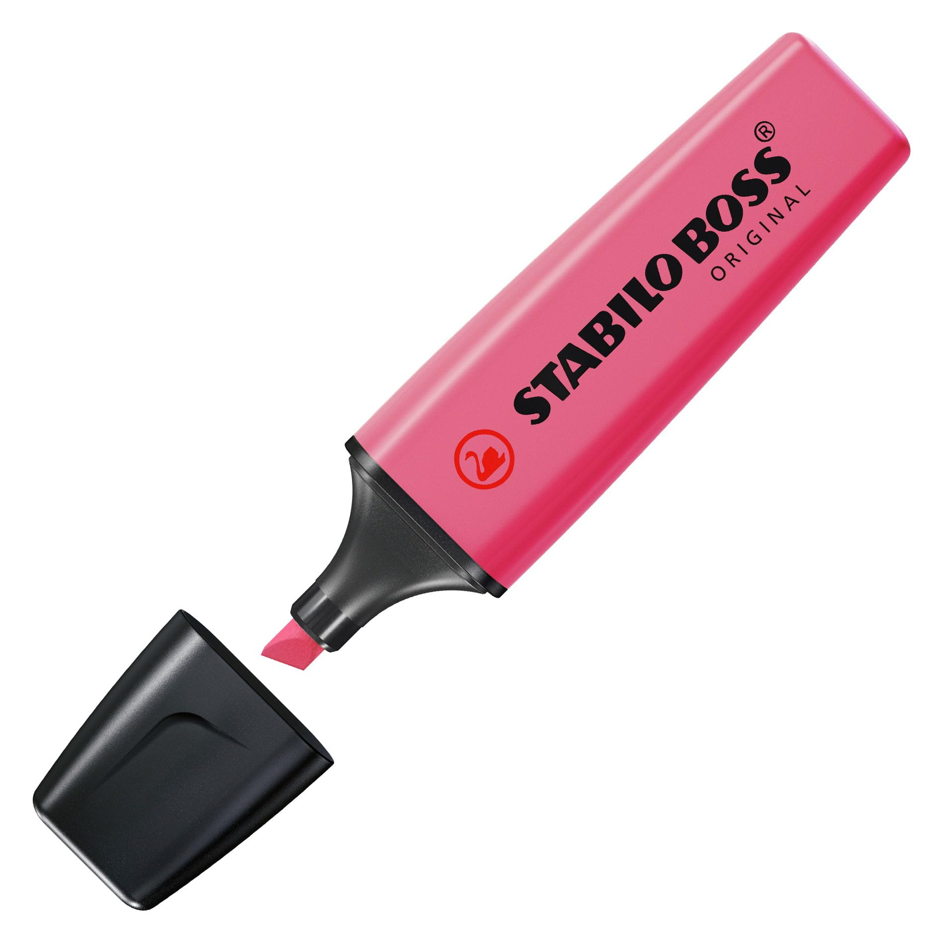 Ein pinker Stabilo Boss Textmarker mit schwarzer Kappe.
