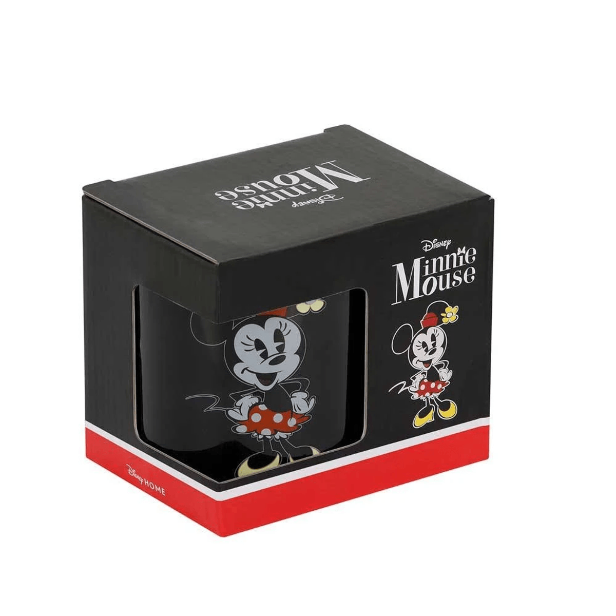 Caja negra con estampado de Minnie Mouse y ventana que muestra una taza.