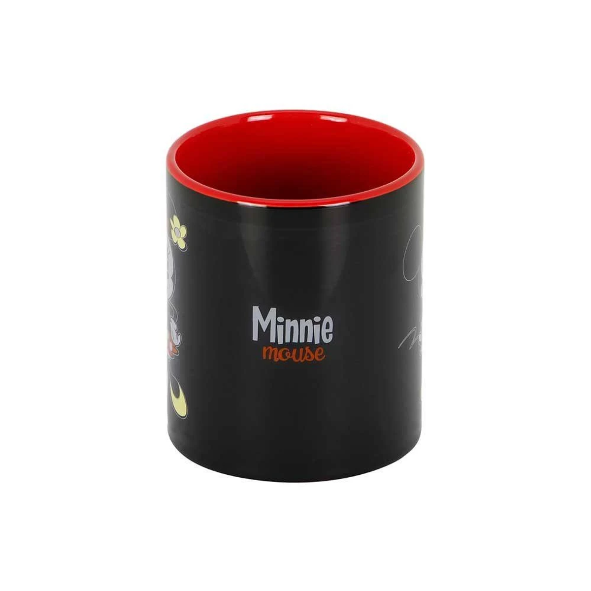 Taza negra con borde rojo, con Minnie Mouse y flores.