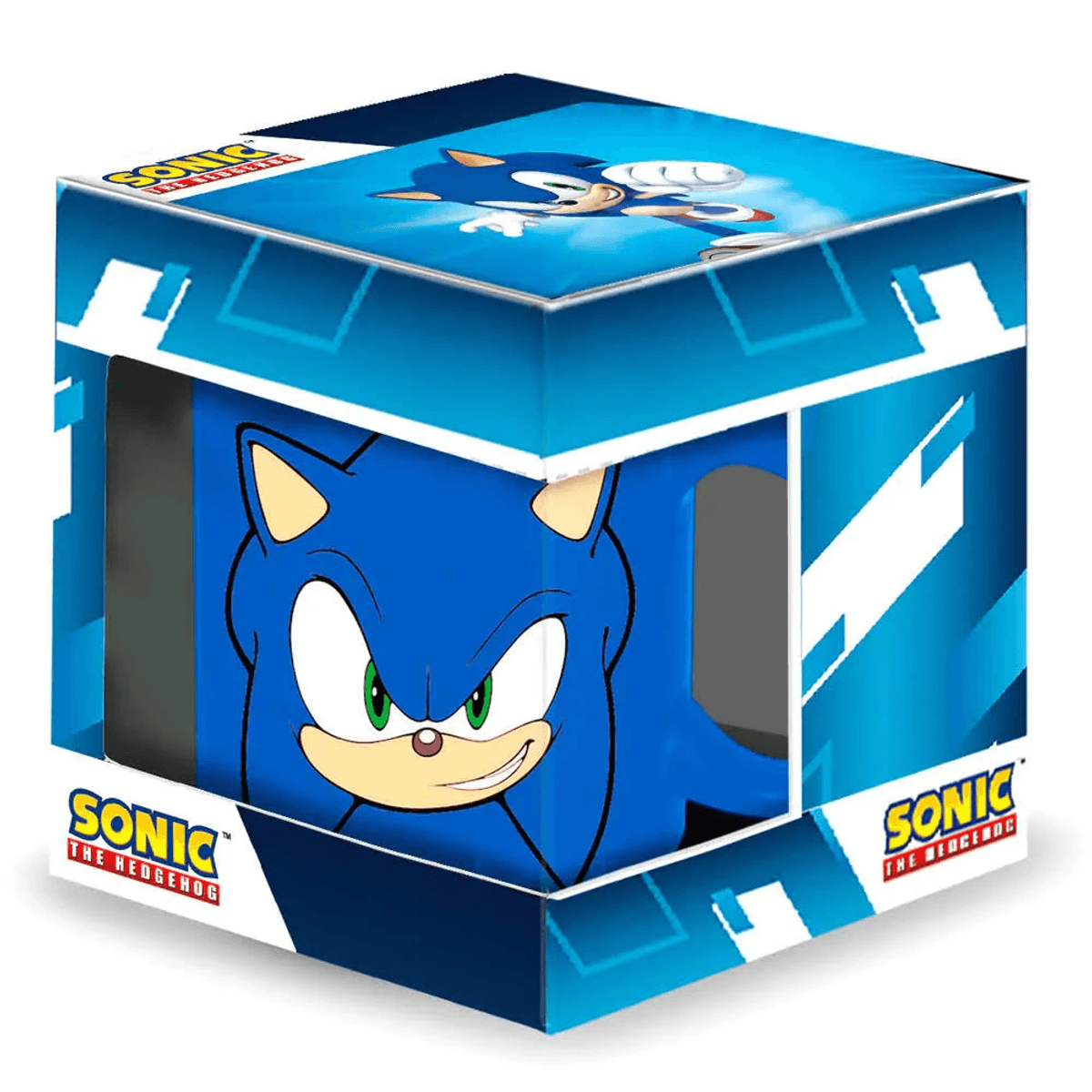 Caja azul con gráficos de Sonic the Hedgehog, cara de Sonic al frente y Sonic corriendo arriba.