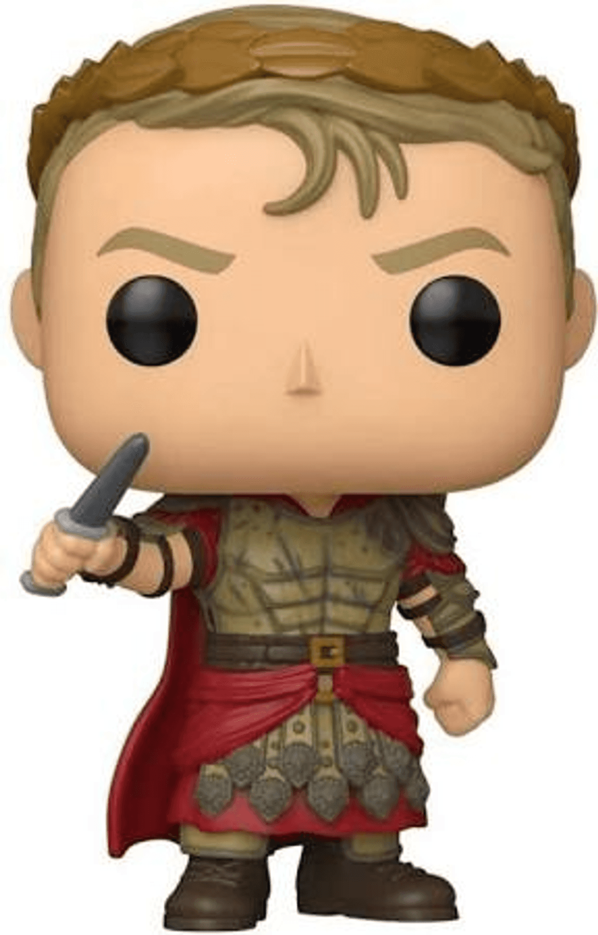 Una figura Pop de un hombre con corona de laurel, armadura y espada.