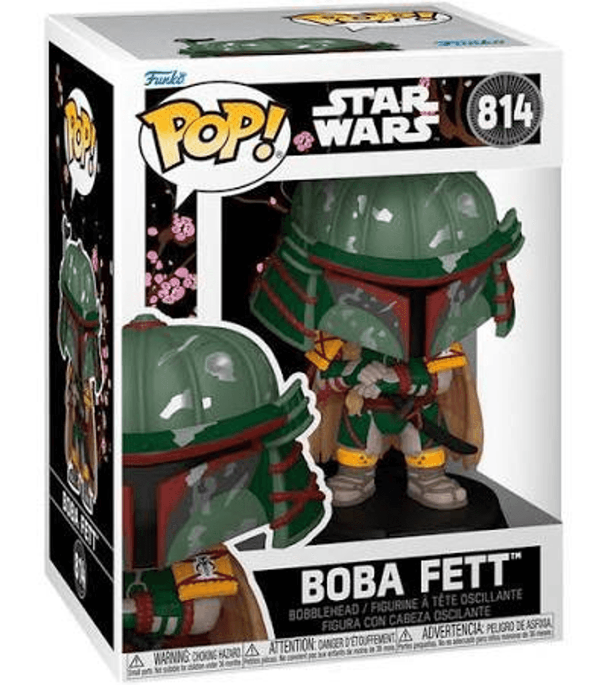 Figura Funko Pop! de Boba Fett de Star Wars en armadura verde, con flores de cerezo.