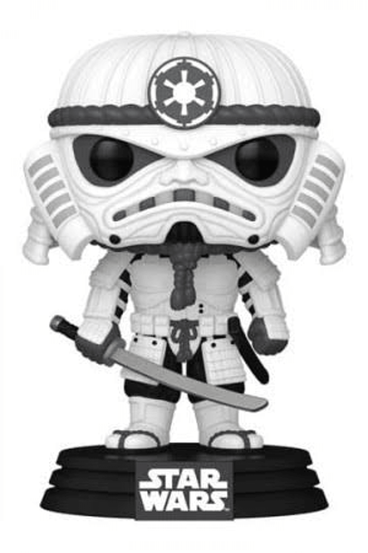 Un Stormtrooper Samurái de Star Wars con una espada en una base.