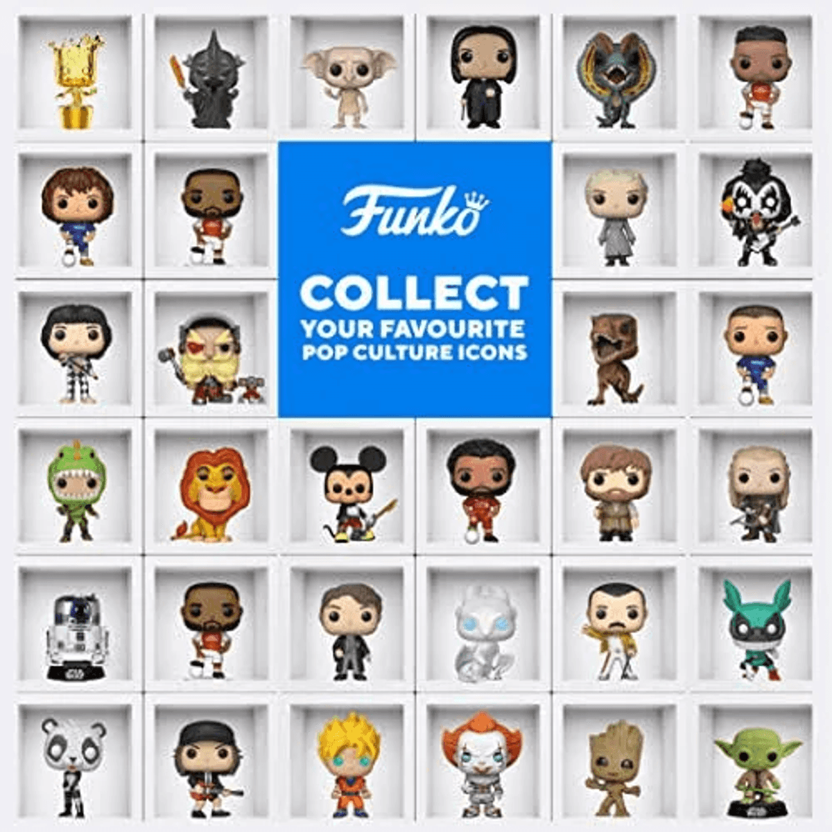 Collage di Funko Pop figure tra cui personaggi come R2-D2, Il Re Leone e Topolino.
