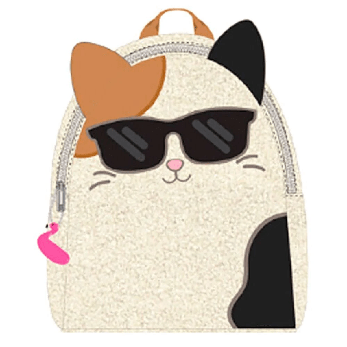 Una mochila con forma de gato con gafas de sol y tirador de cremallera de flamenco.