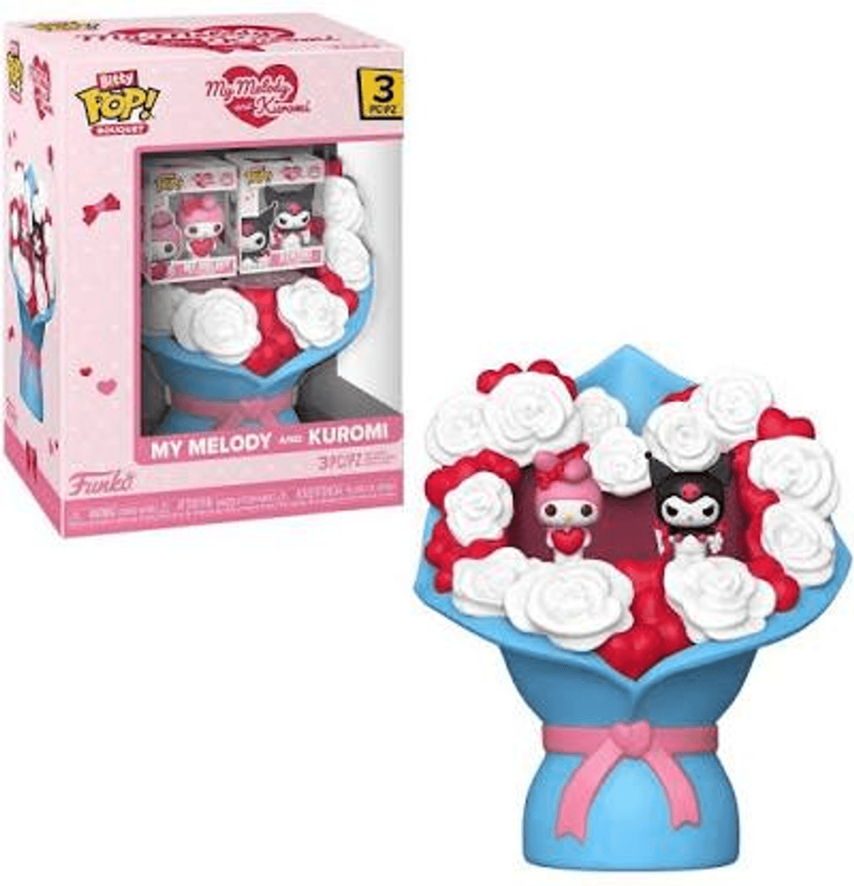 Un ramo con figuras de My Melody y Kuromi entre rosas blancas y rojas, envuelto en papel azul.