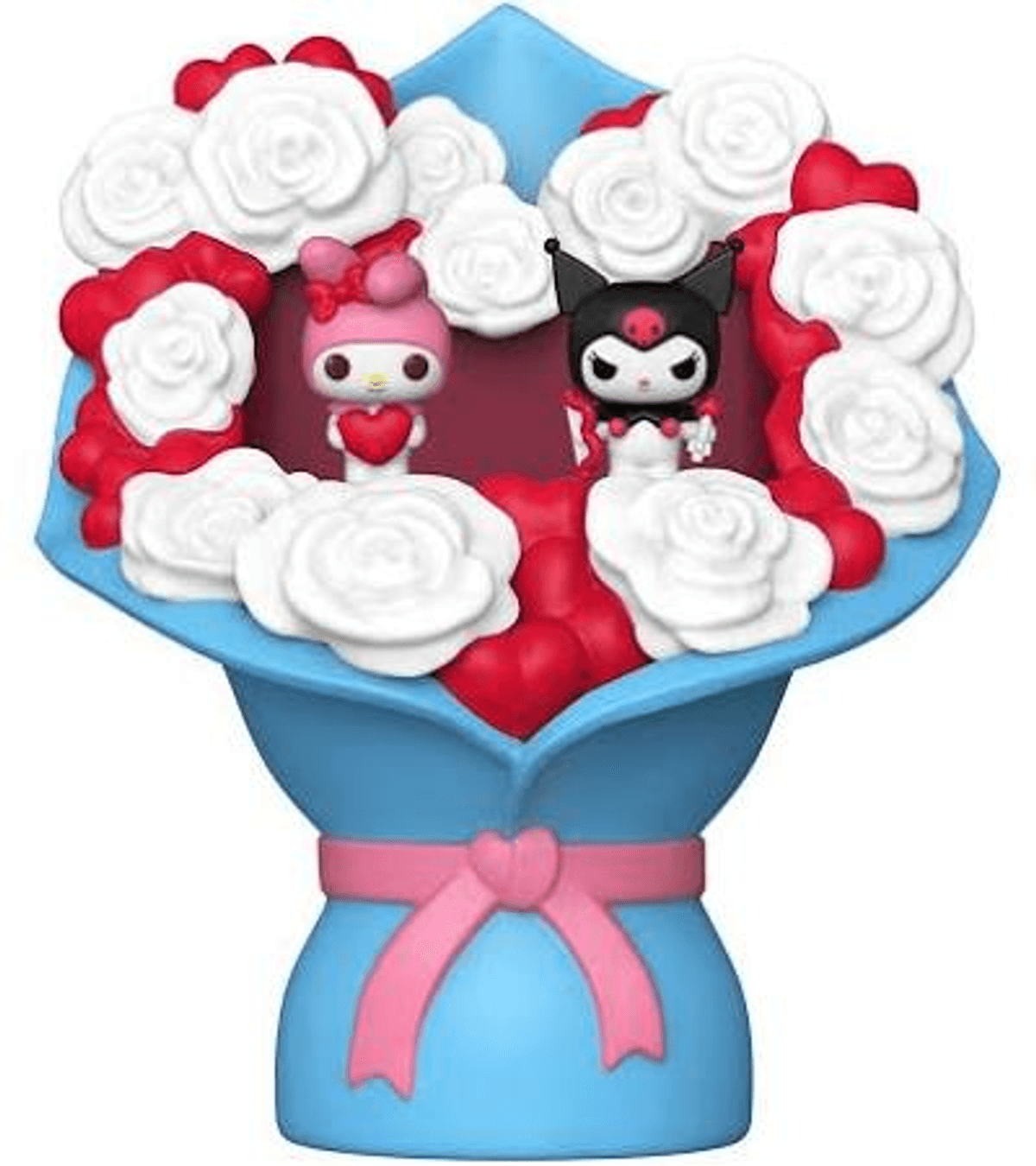 Un ramo con rosas blancas, corazones rojos y dos figuras, My Melody y Kuromi.