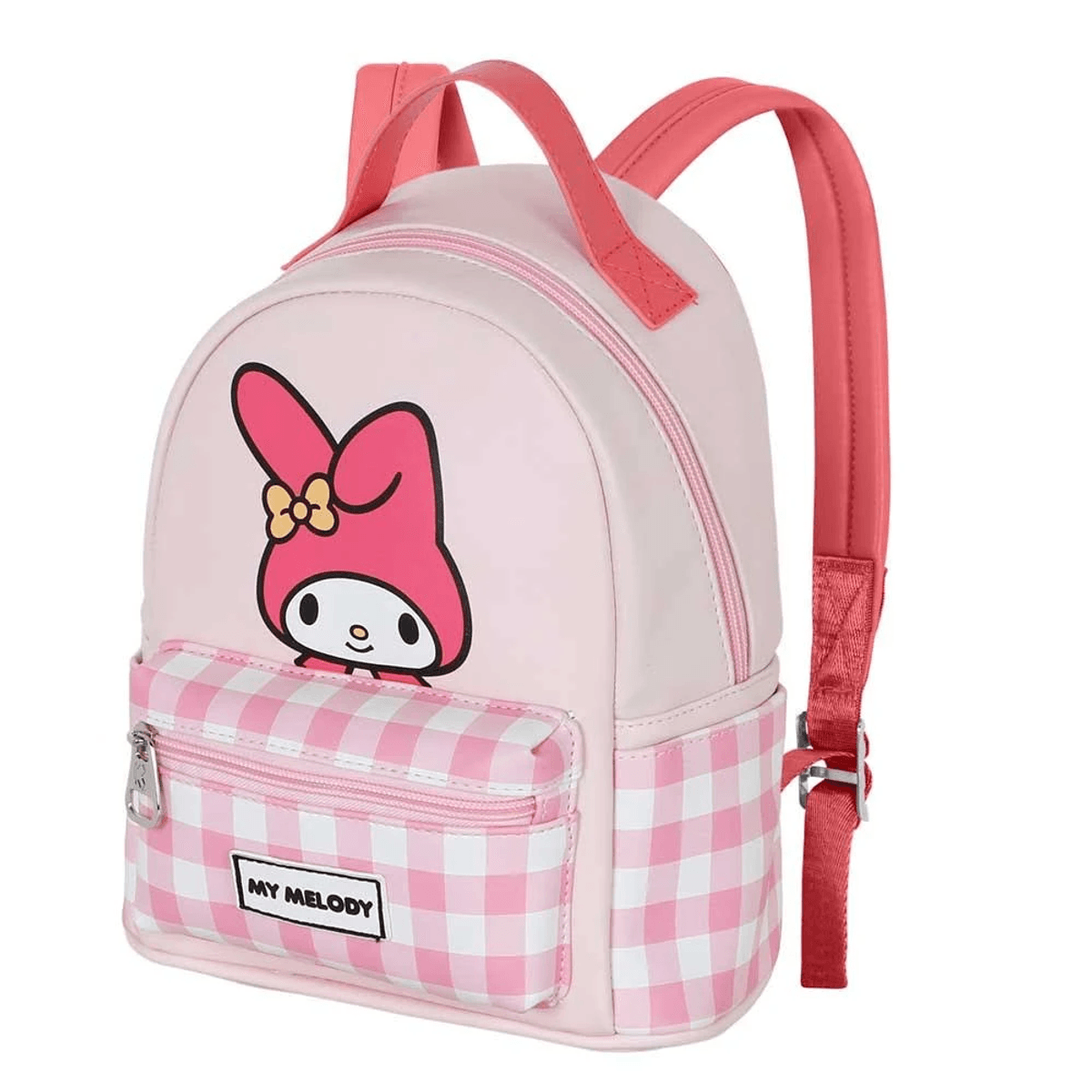 Una mochila rosa con estampado de My Melody y patrón a cuadros rosas y blancos.