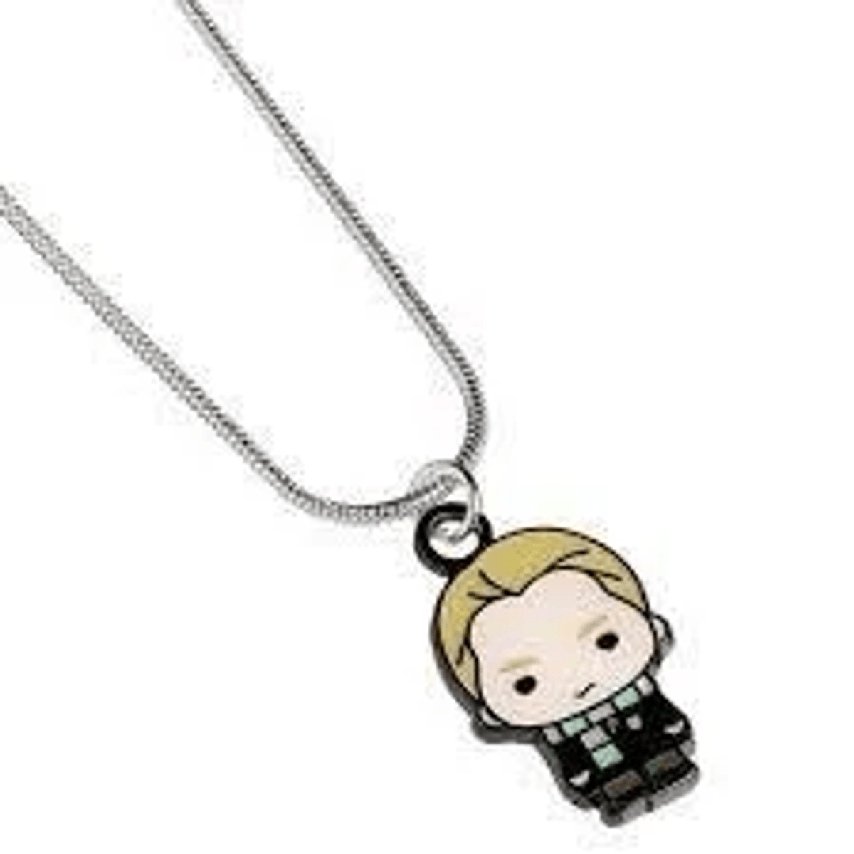 Un collar con un colgante de personaje de dibujos animados en negro y verde.