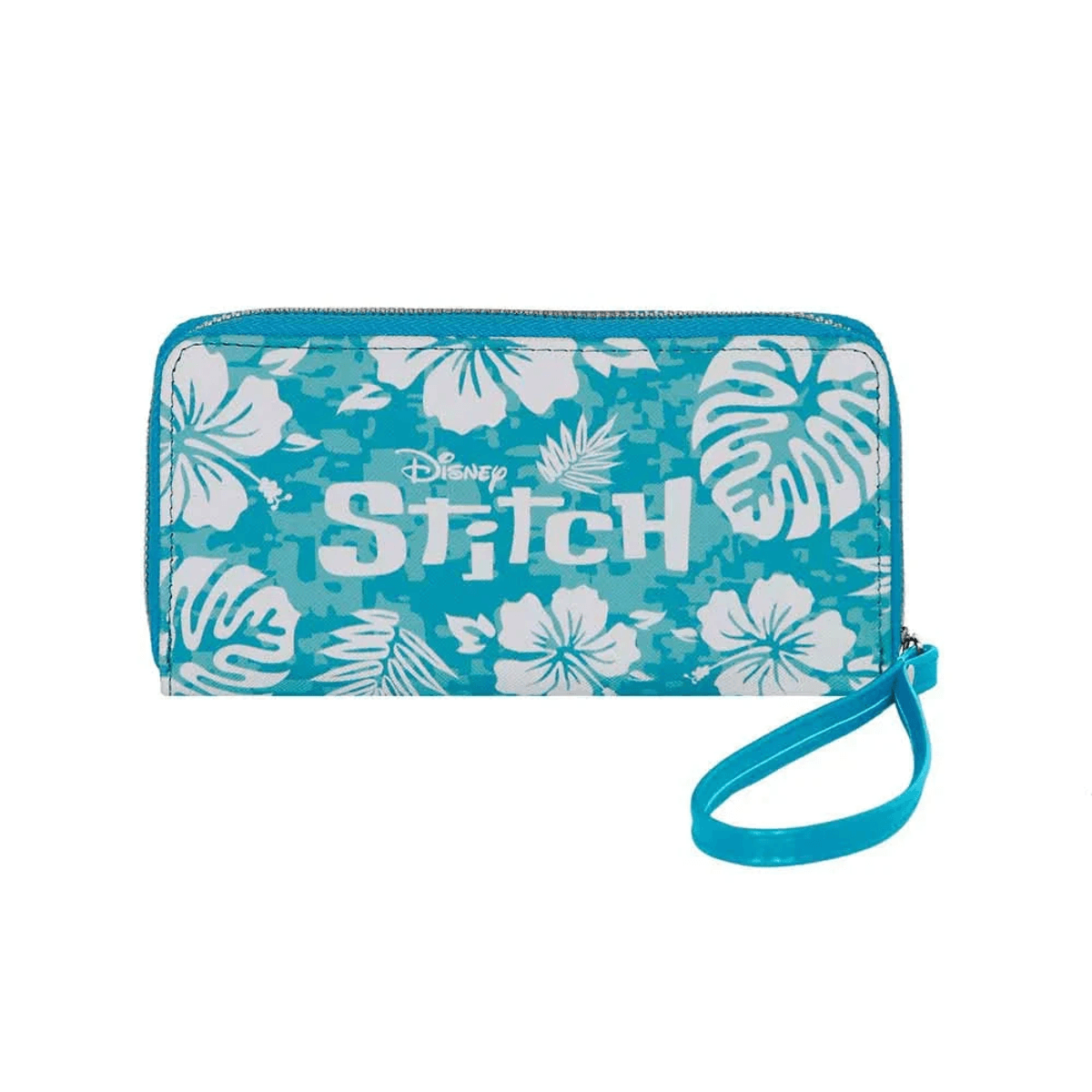 Blauer Geldbeutel mit weißer Blumen- und Blattmusterung, Disney Stitch-Logo.
