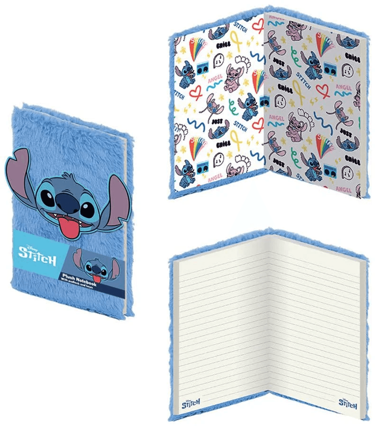 Un cuaderno azul afelpado de Stitch, abierto y cerrado.