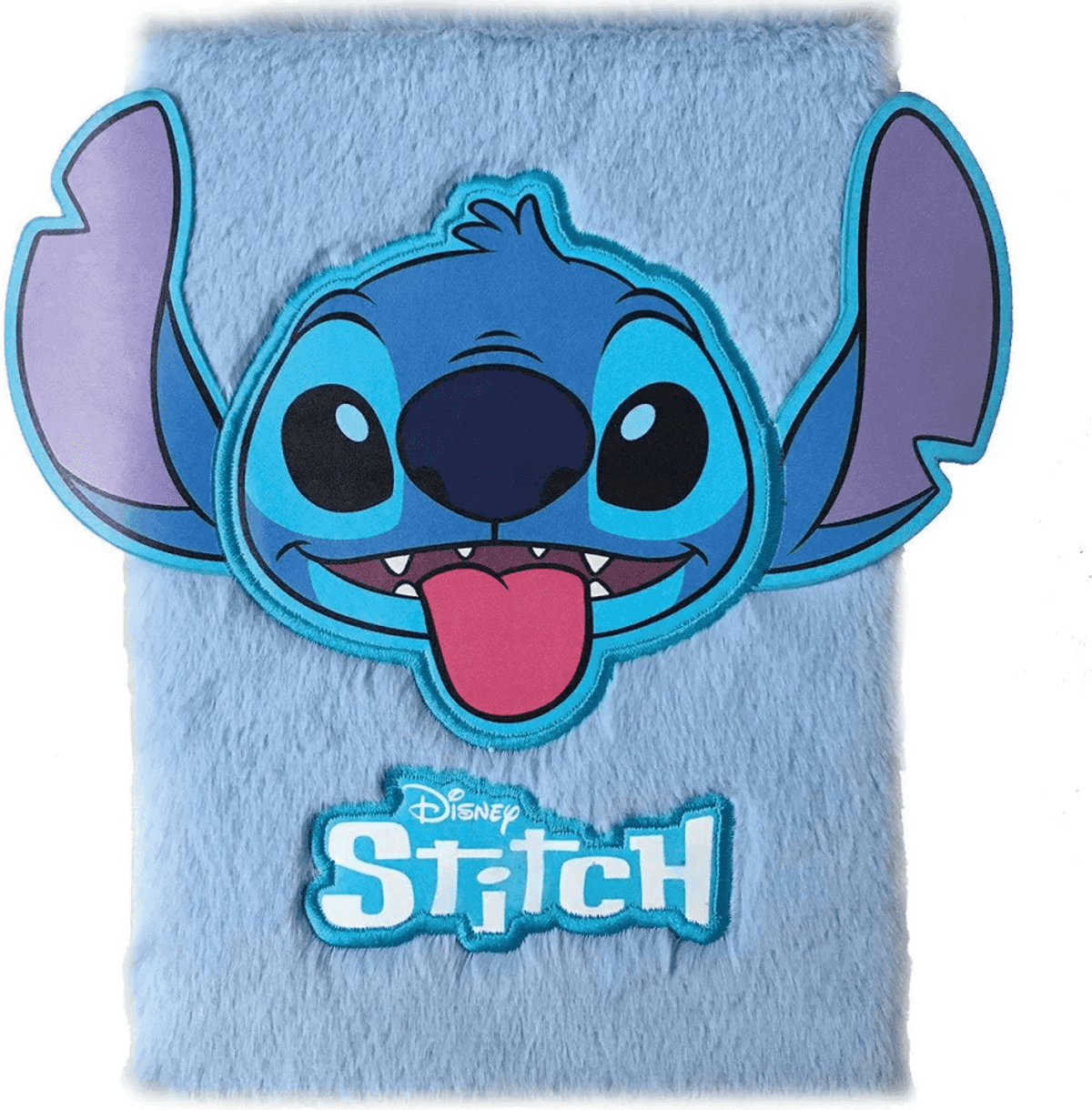 Libreta azul claro peluda con cara de Stitch y logo.