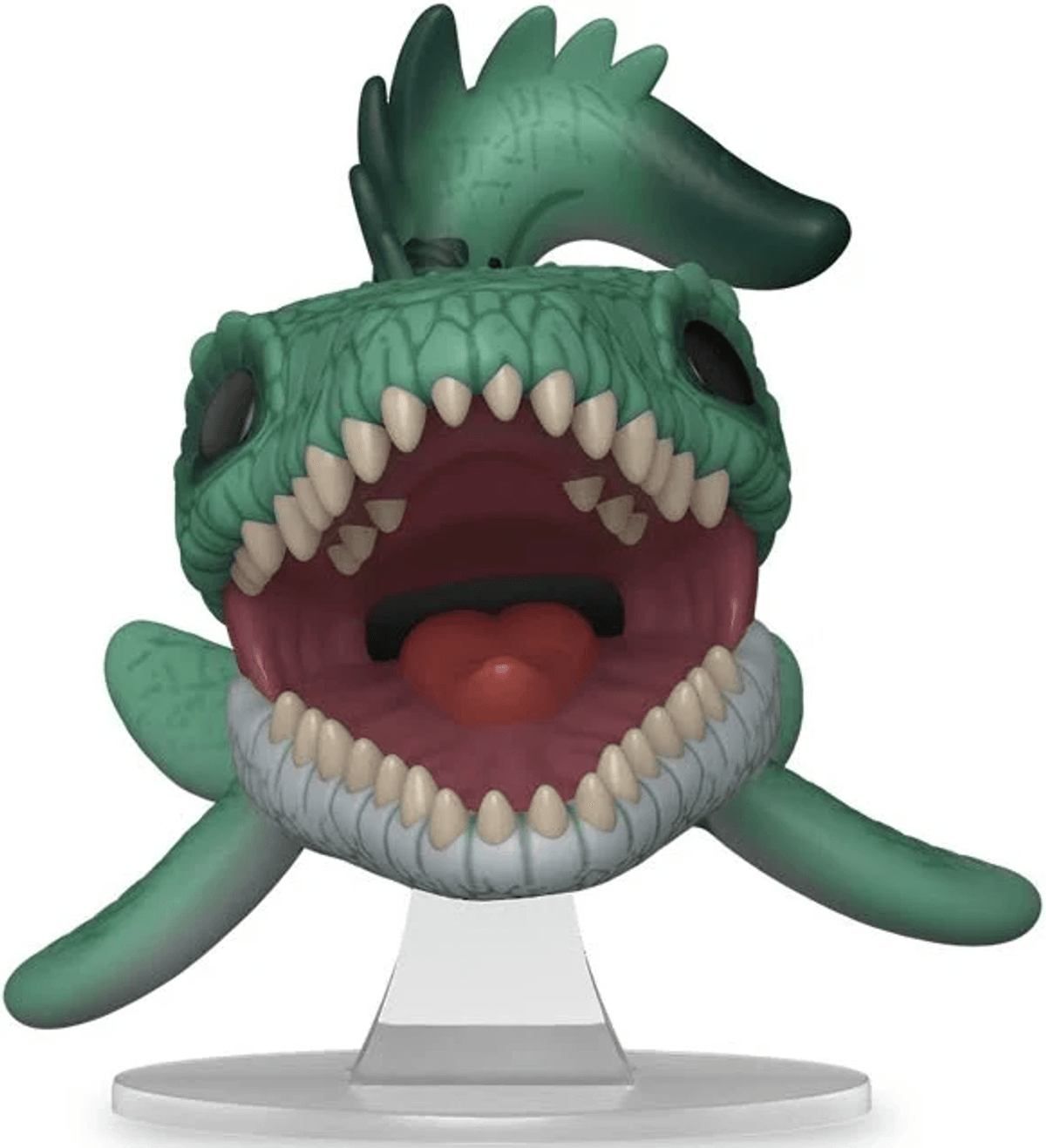 Figura de dinosaurio verde con boca abierta y dientes afilados, sobre un soporte transparente.
