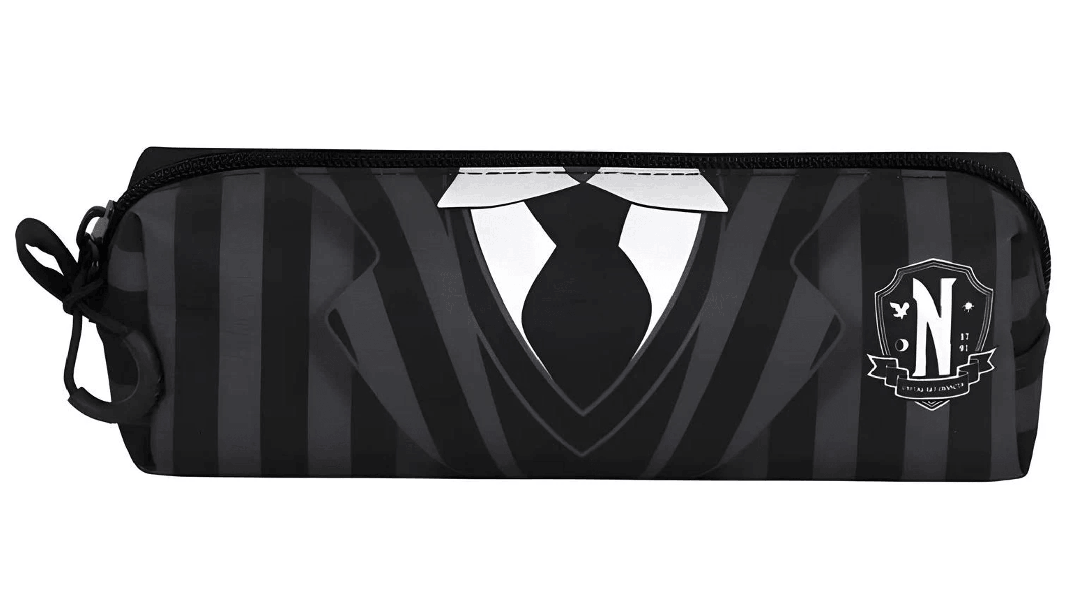 Neceser negro con rayas verticales, cuello de camisa y diseño de corbata.