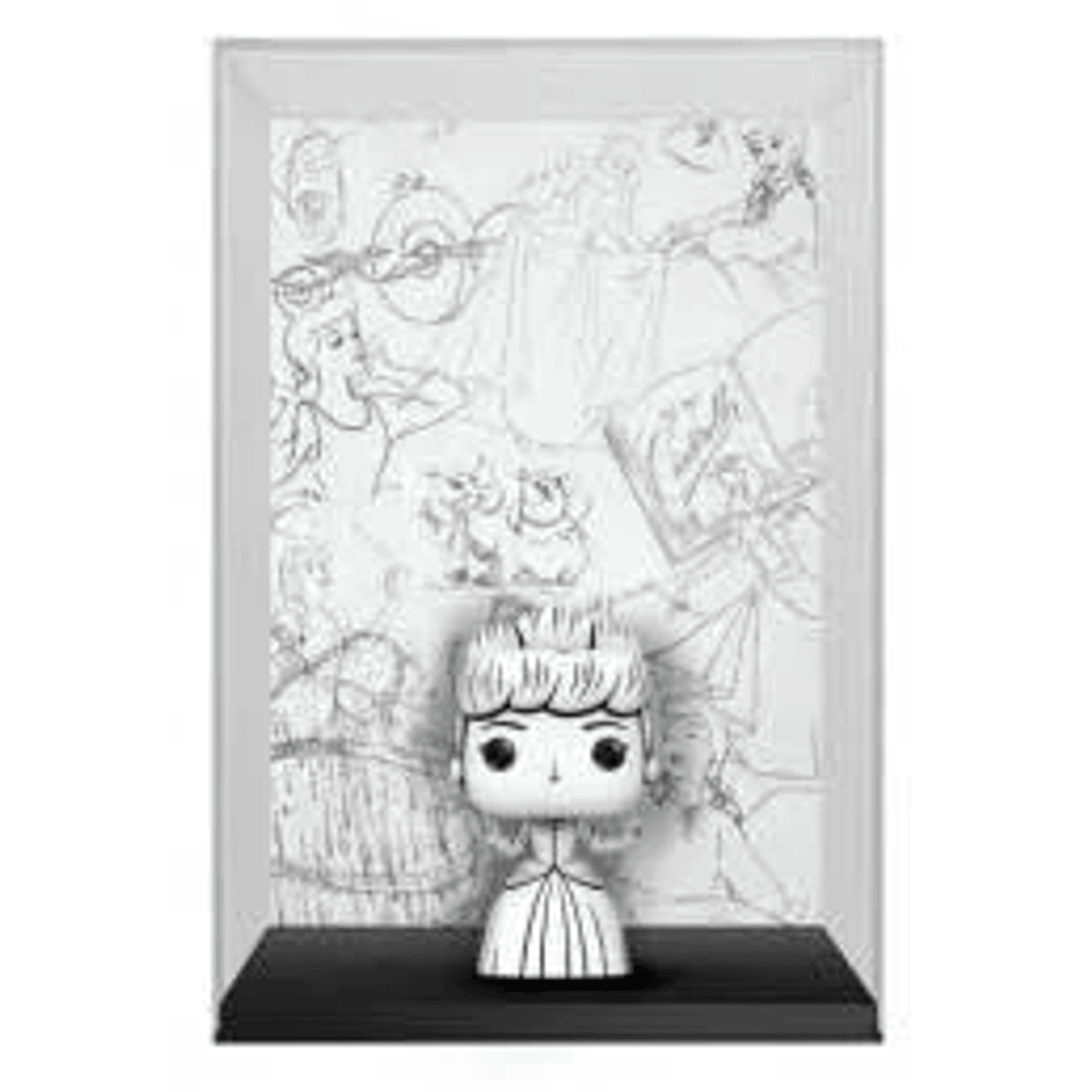Un personaje blanco Funko Pop con pelo y vestido negros está frente a bocetos.