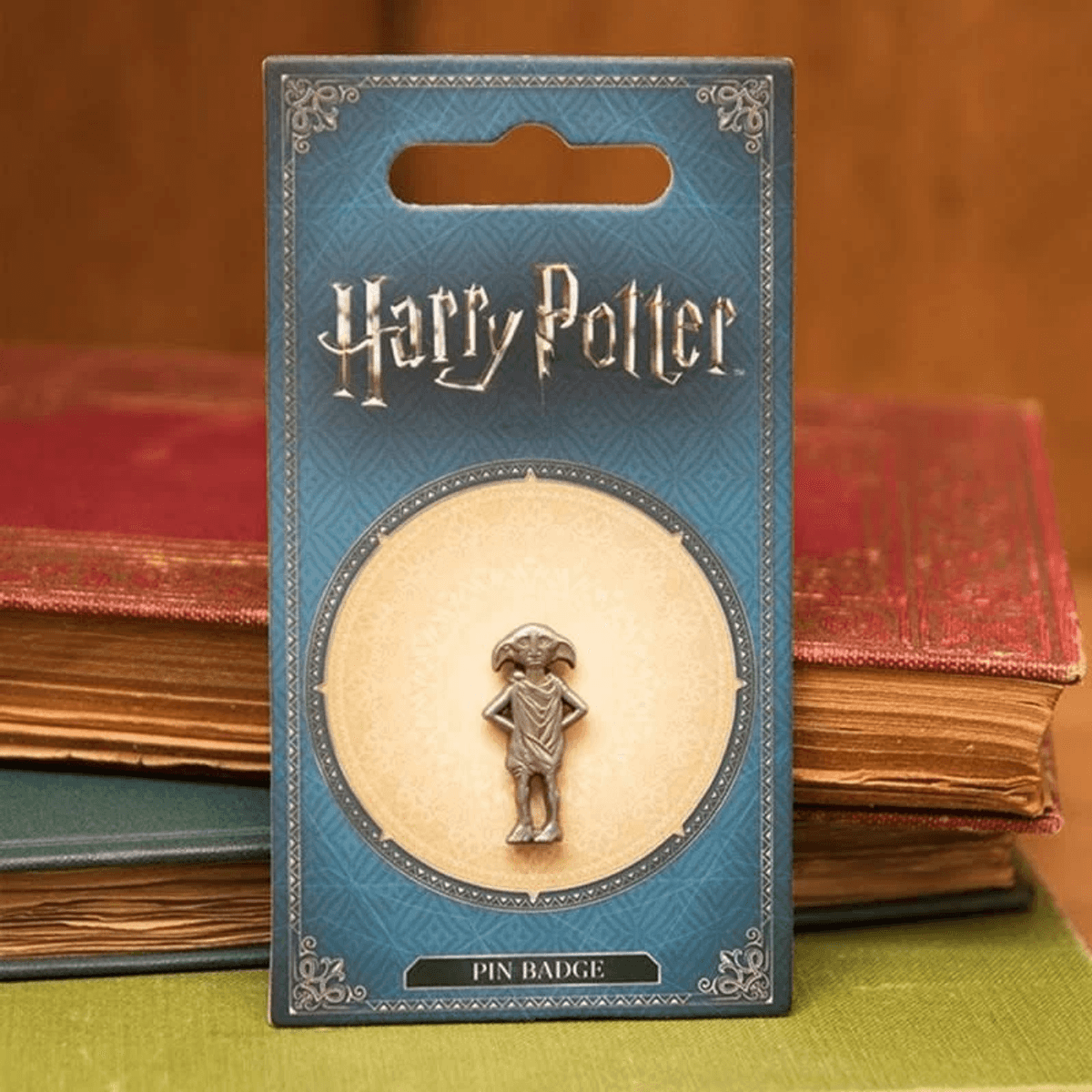 Pin de Dobby de Harry Potter en cartón azul, delante de libros viejos.