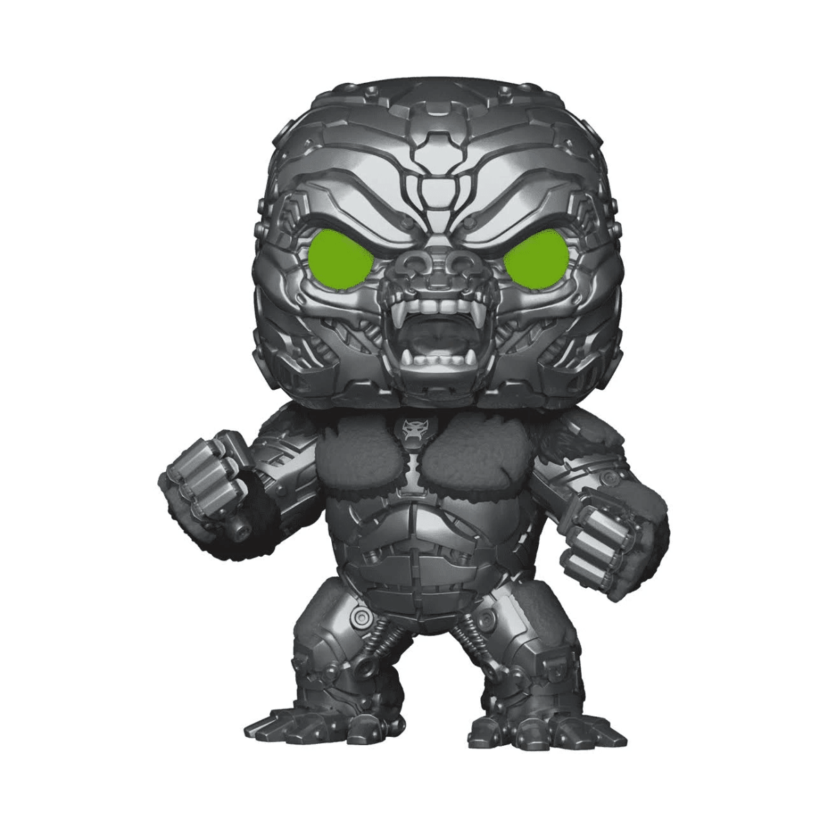 Gorila cyborg metálico gris con ojos verde brillante y hombros peludos.