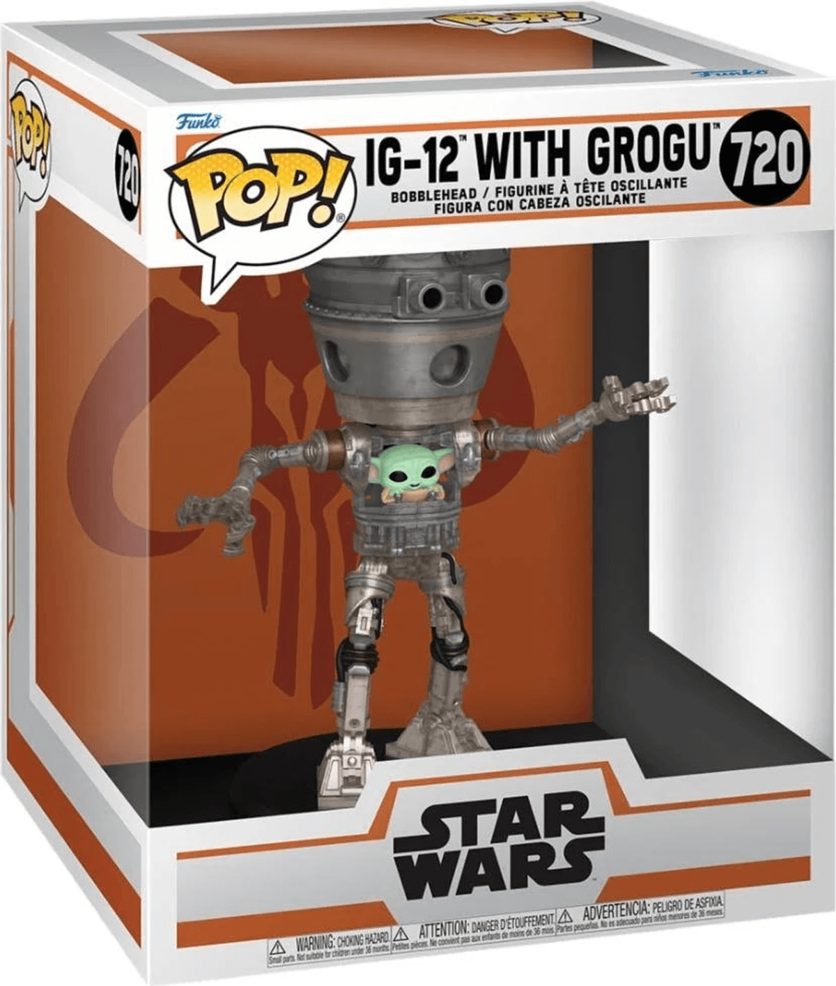 Figura Funko Pop! de IG-12 con Grogu de Star Wars en una caja.