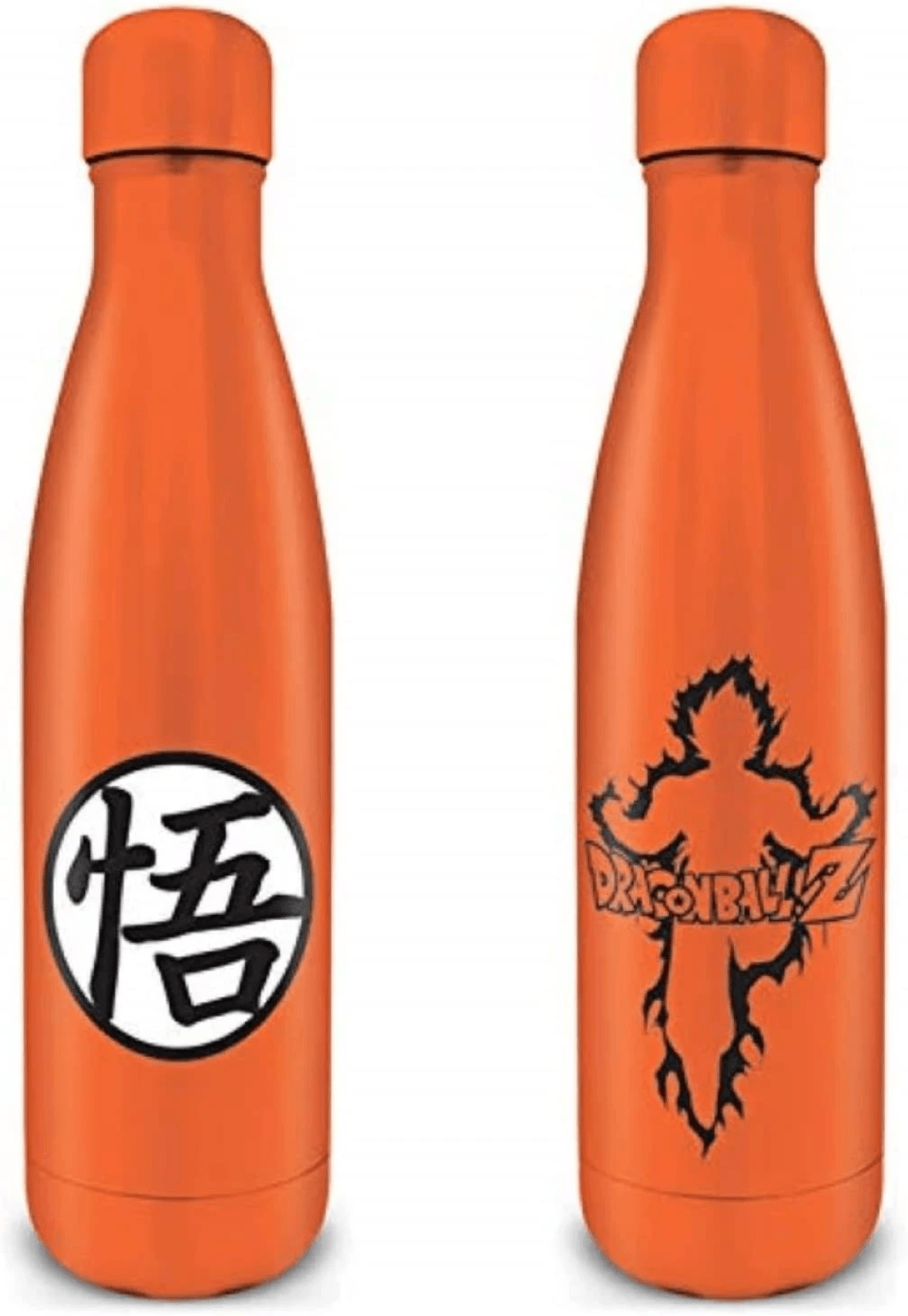 Zwei orangefarbene Trinkflaschen mit Dragon Ball Z Motiven auf weißem Hintergrund.