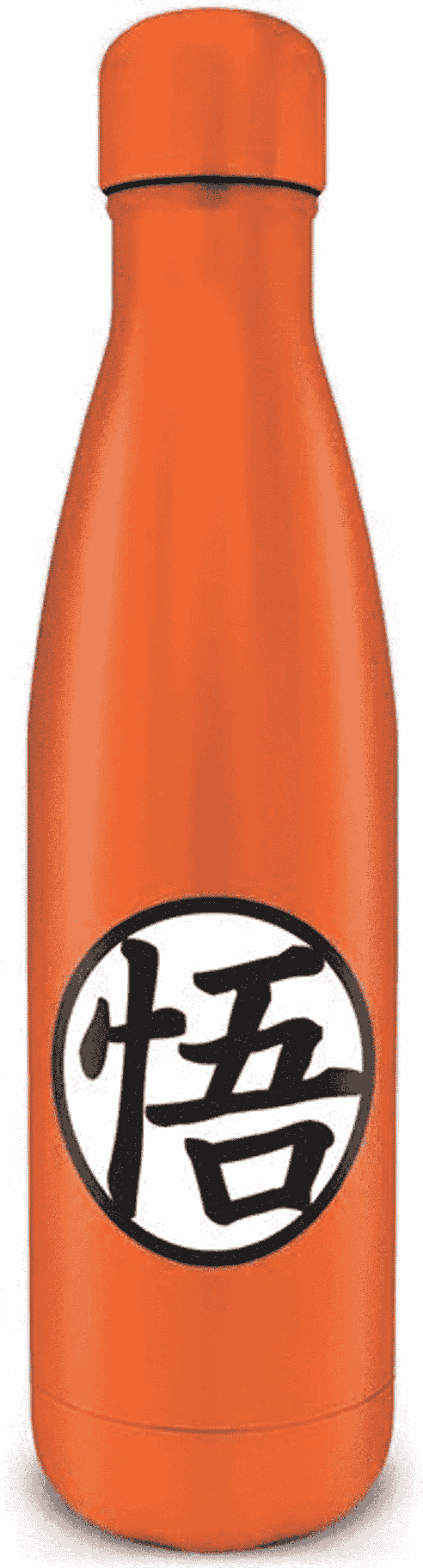 Eine orangefarbene Flasche mit einem schwarzen Kanji-Symbol in einem weißen Kreis.