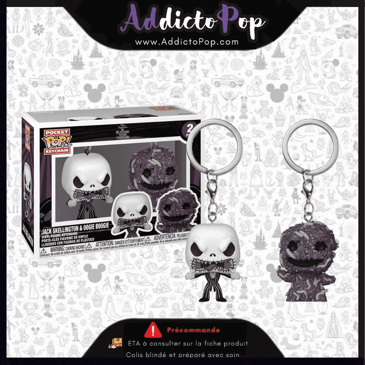 Llaveros Funko Pop! de Jack Skellington y Oogie Boogie de Pesadilla Antes de Navidad.