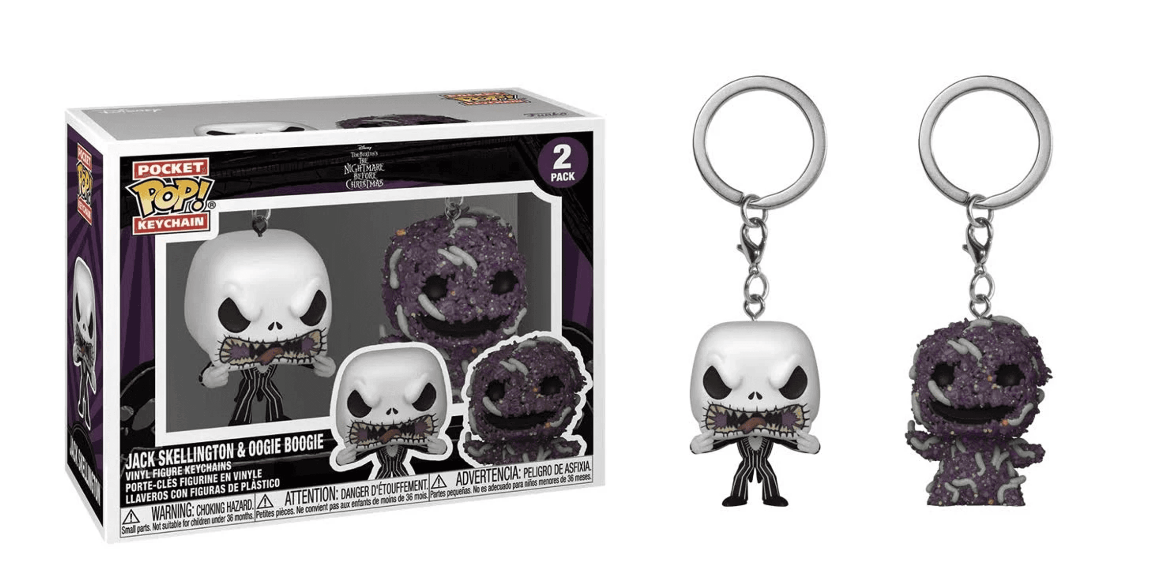 Dos llaveros de Pesadilla Antes de Navidad: Jack Skellington y Oogie Boogie.