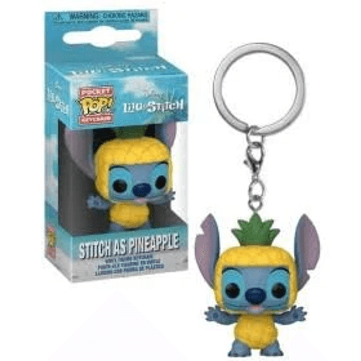 Un llavero azul de Stitch como piña en caja y a su lado.