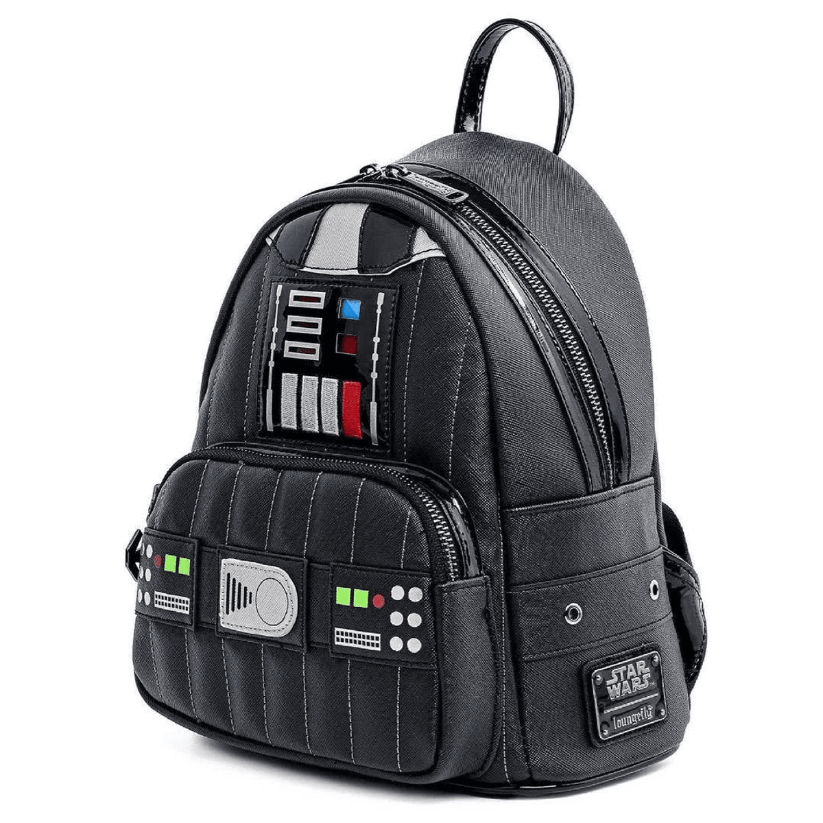 Una mochila negra con diseño de Darth Vader, cremallera arriba y adelante.