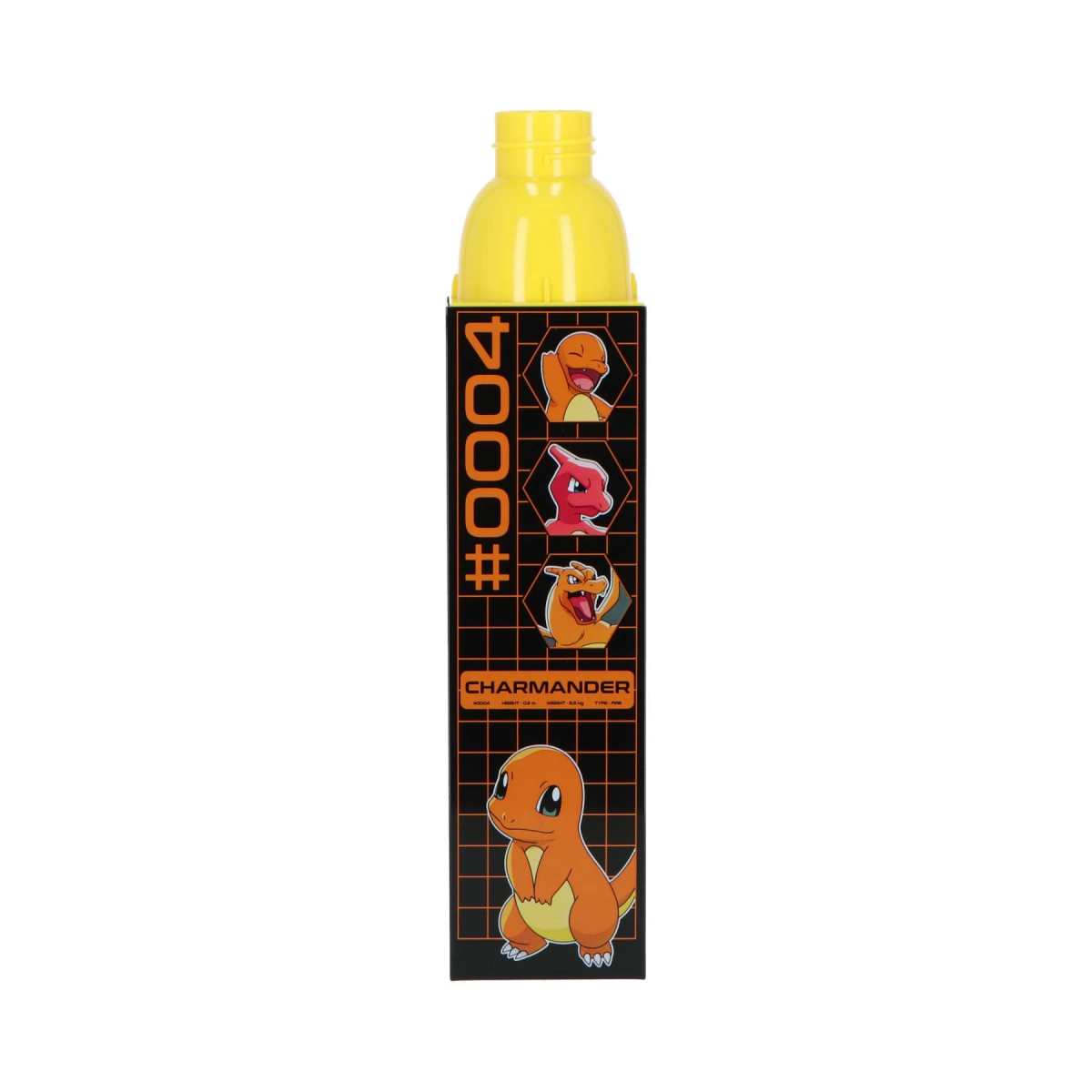 Gelbe Flasche mit Charmander-Motiv und der Nummer #0004.