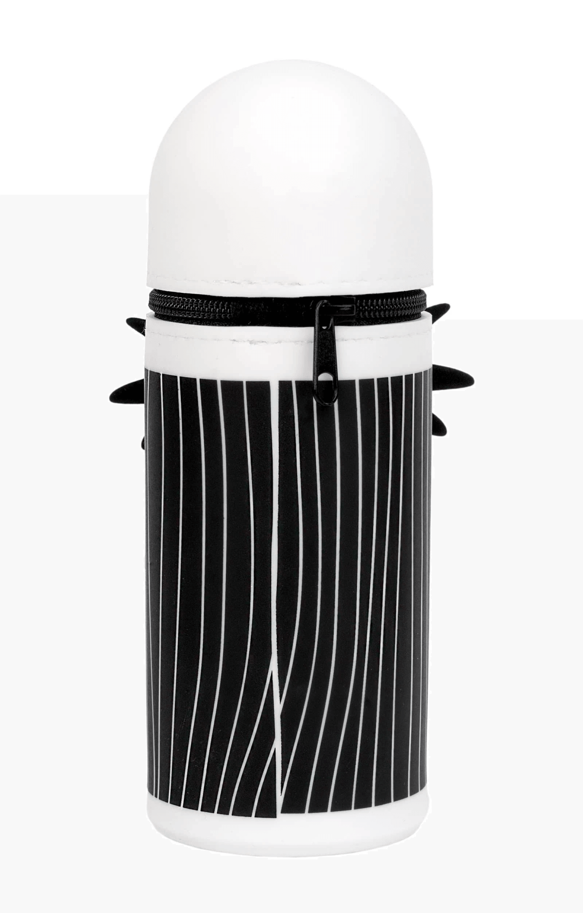 Una tapa blanca con cremallera negra sobre cilindro de rayas negras.