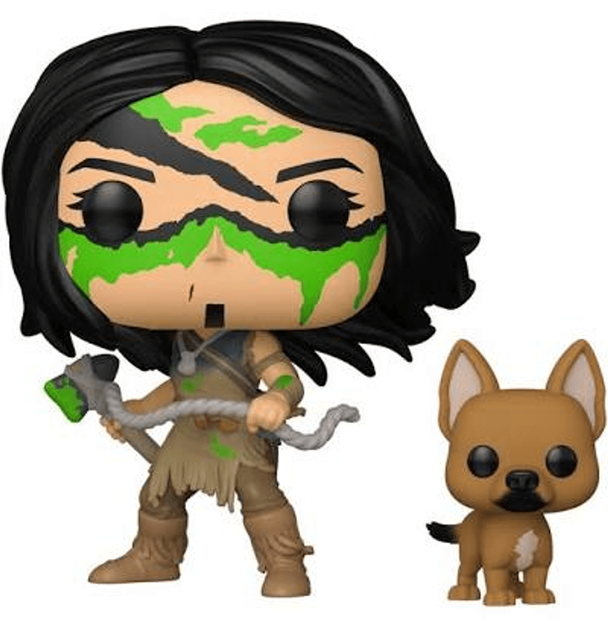 Una figura con pintura de guerra verde y un perro.