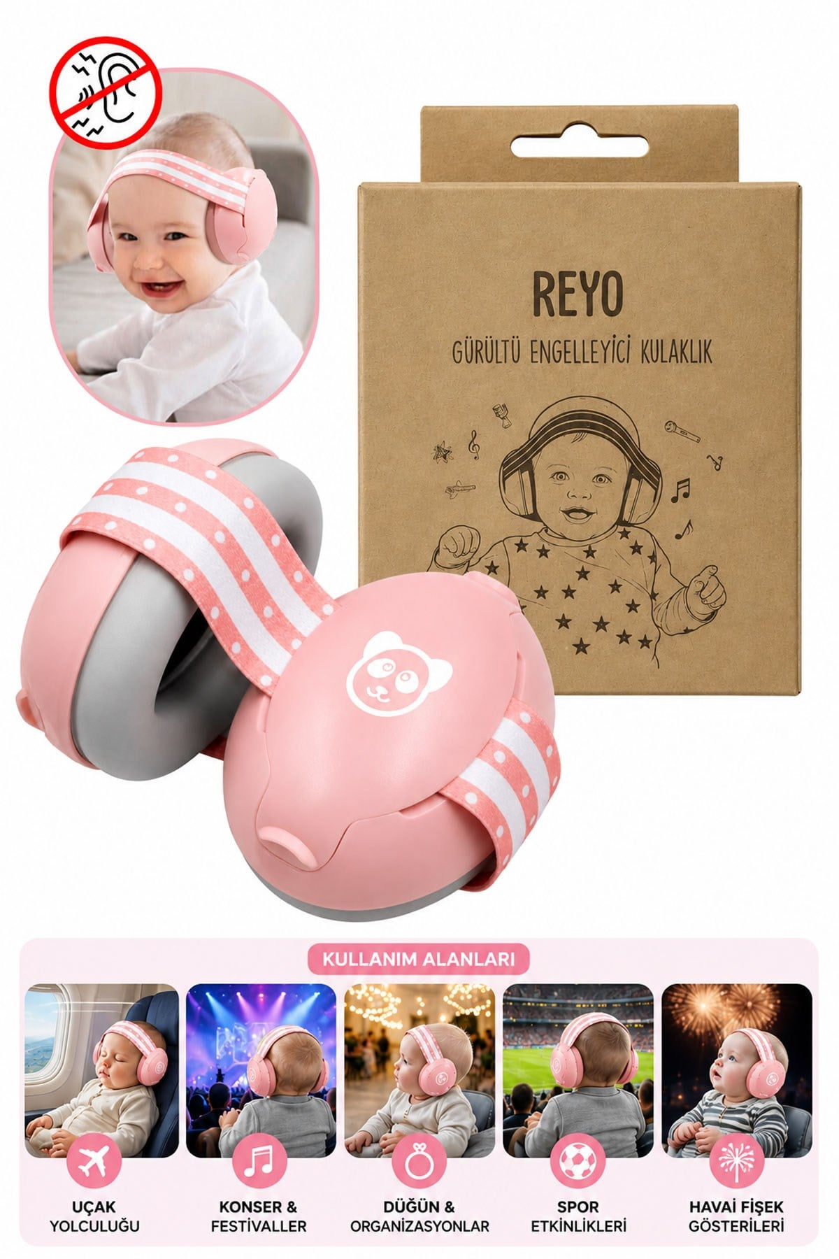 Panda desenli, pembe-beyaz çizgili pembe bebek kulaklıkları, kutusuyla birlikte.