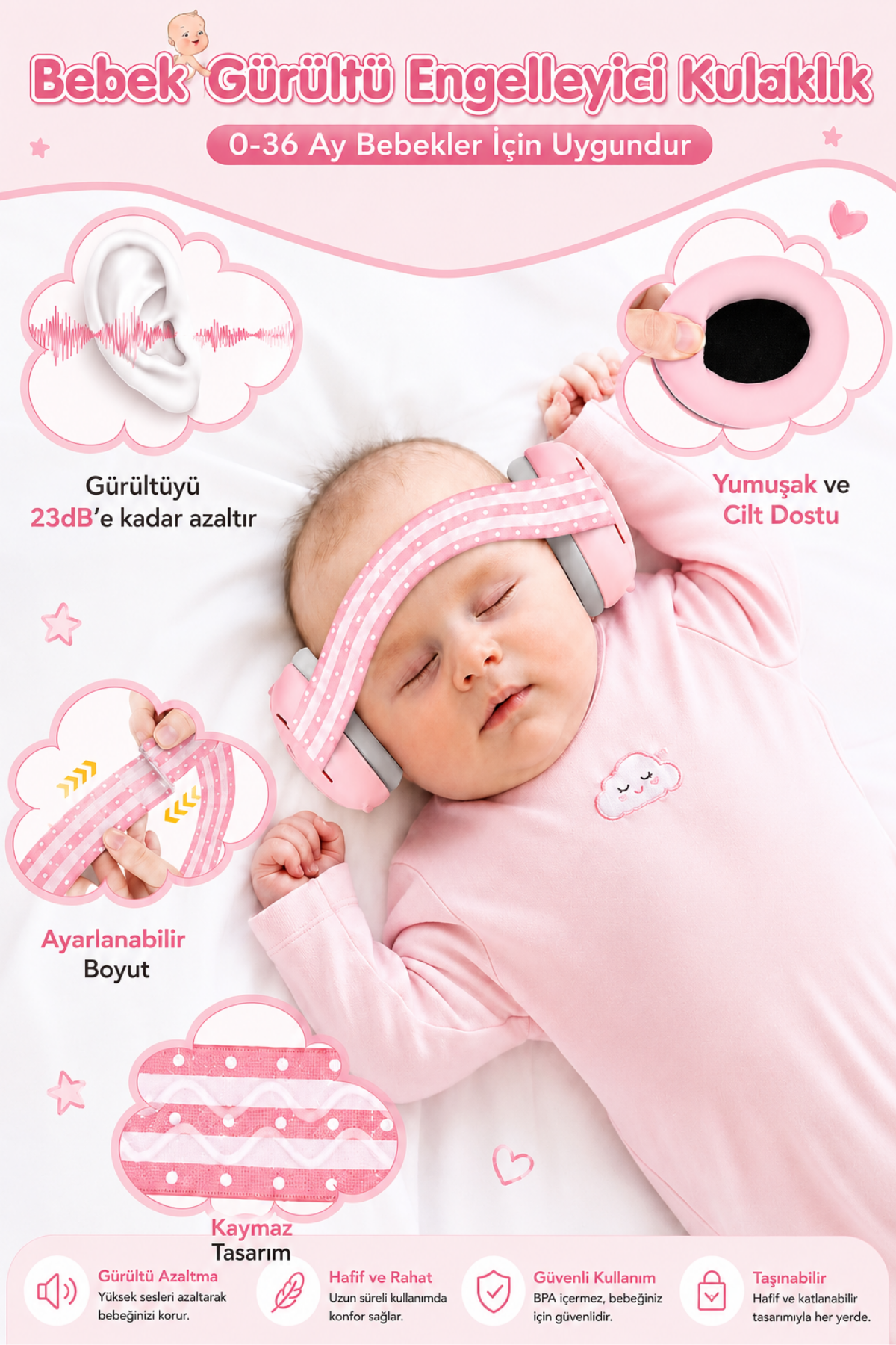 Pembe gürültü önleyici kulaklık takan bir bebek uyuyor.