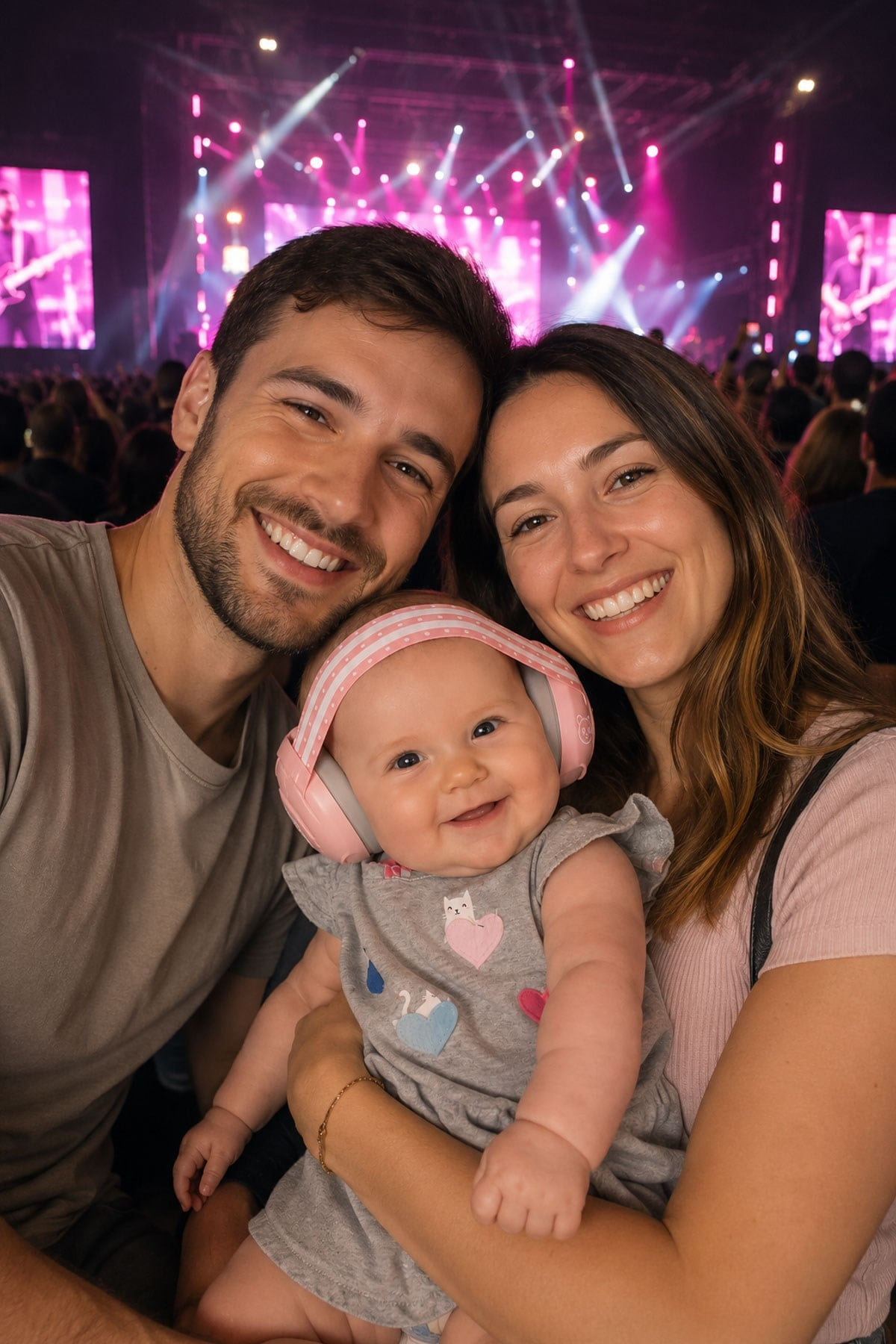 Konserde bebekli aile, arkada pembe ve mavi ışıklar.