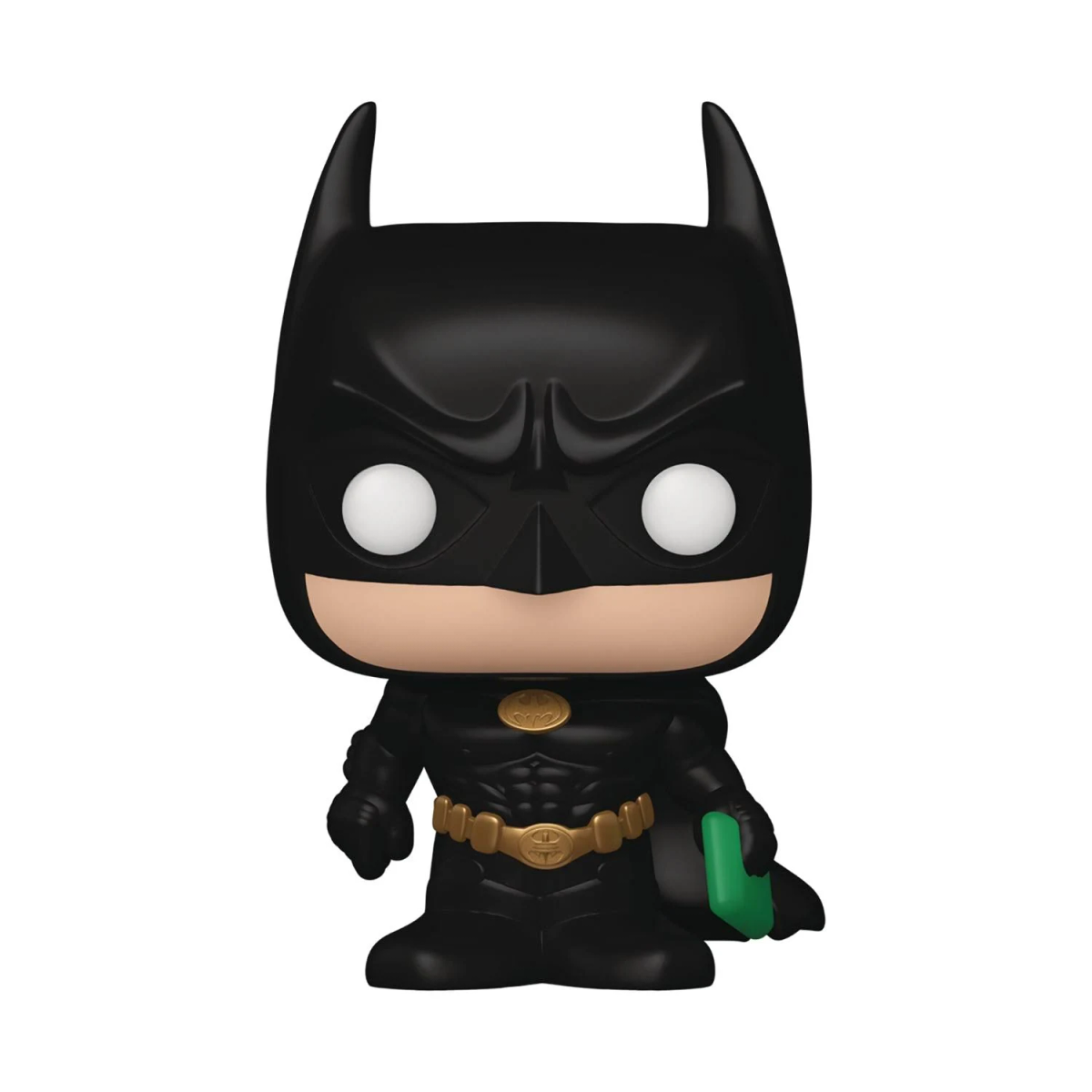 Action figure Funko Pop nera di Batman con fibbia dorata e oggetto verde.