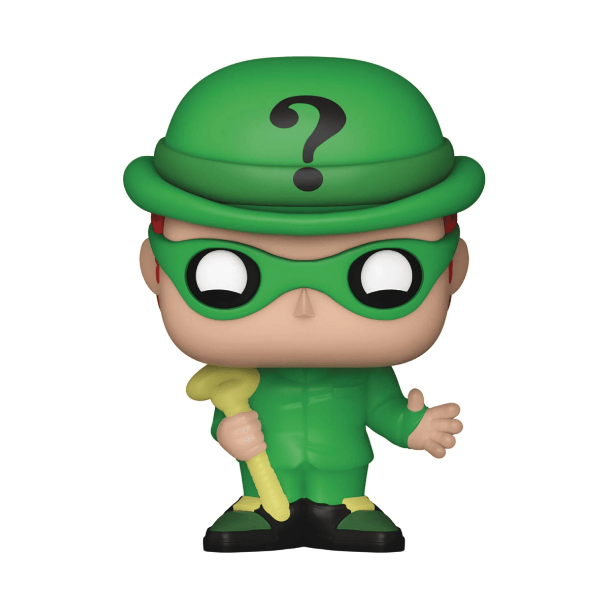 Una figura verde con cappello a punto interrogativo e bastone giallo.