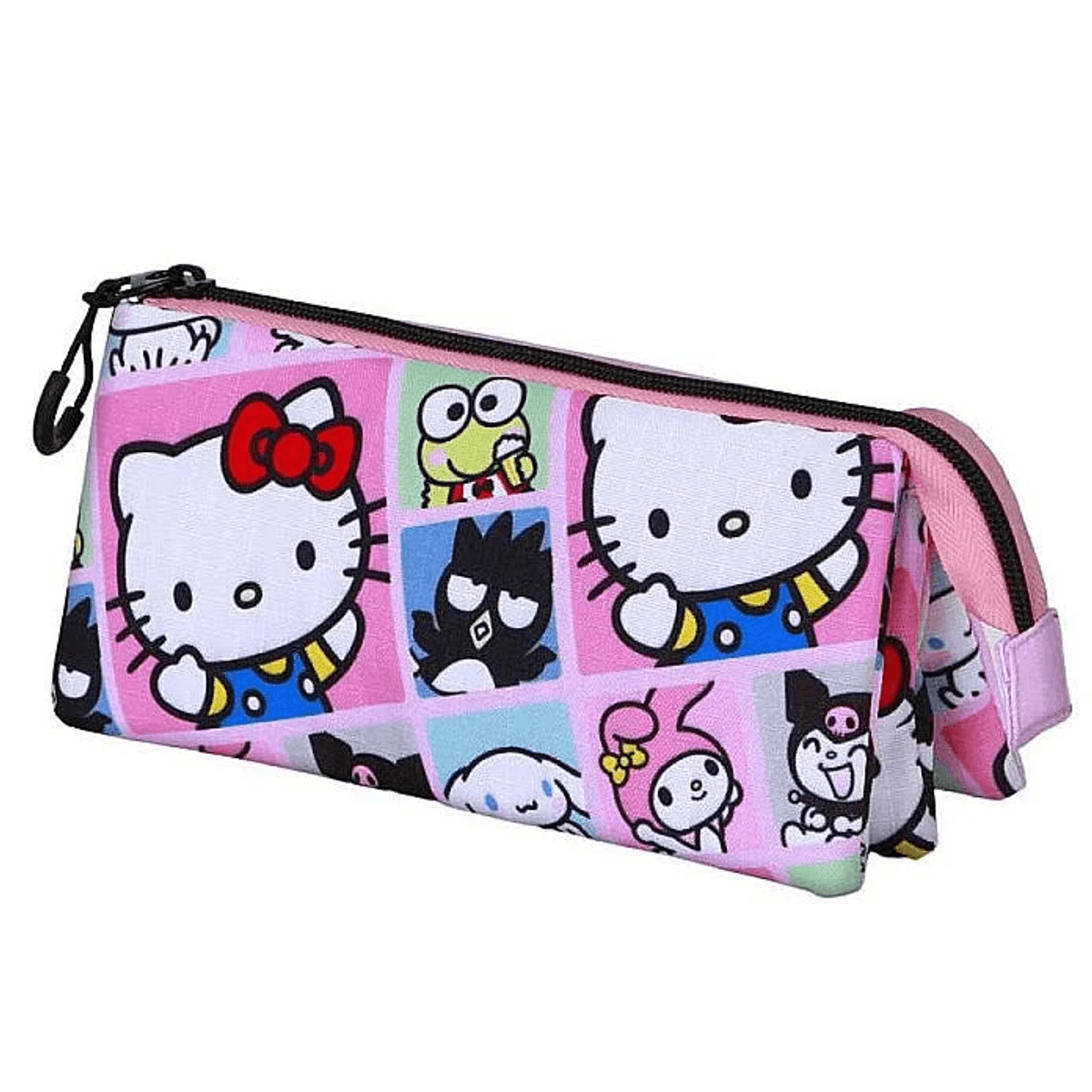 Un estuche rosa con Hello Kitty y amigos.